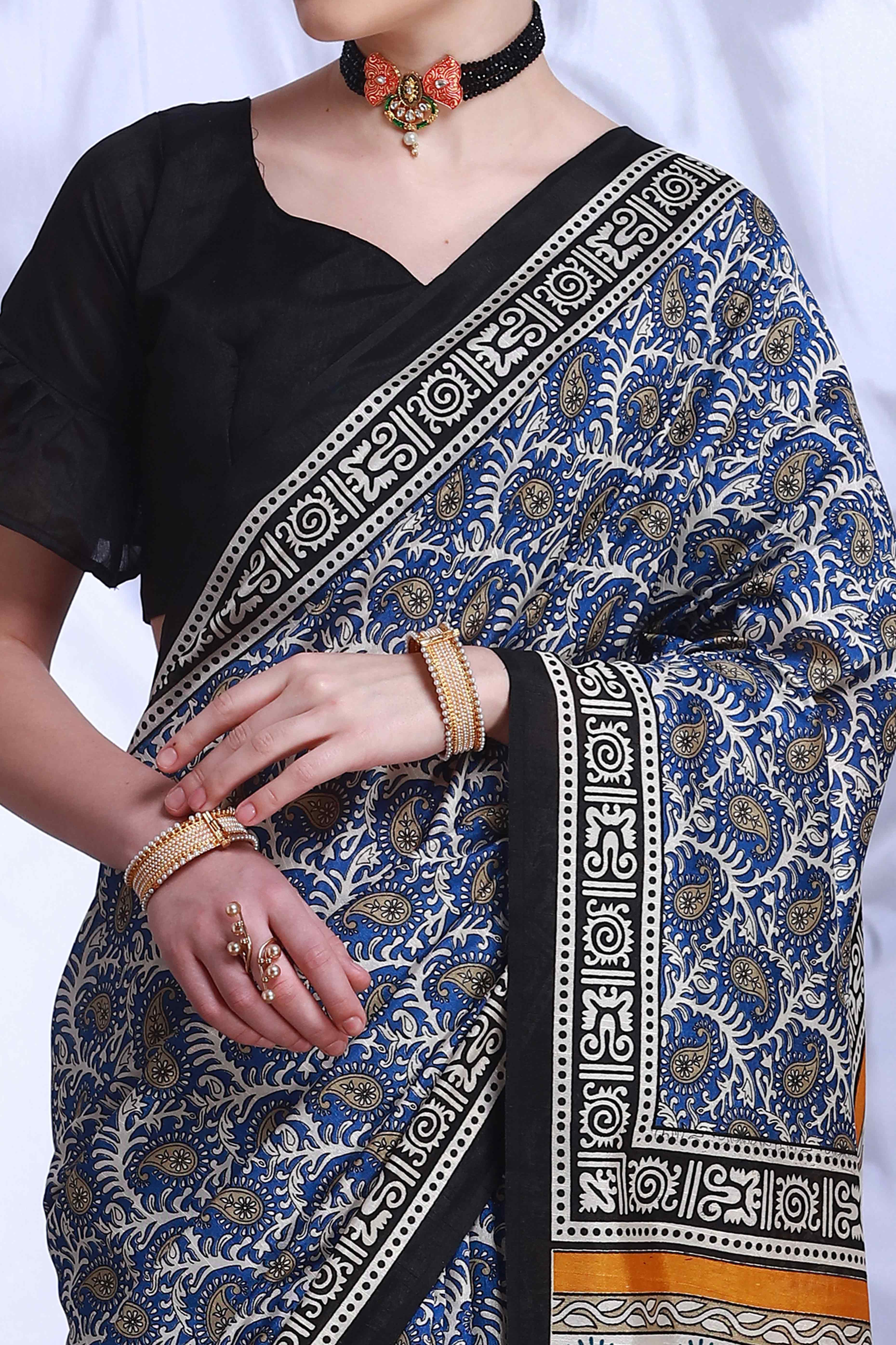 Blue Printed Bhagalpuri Silk Saree
