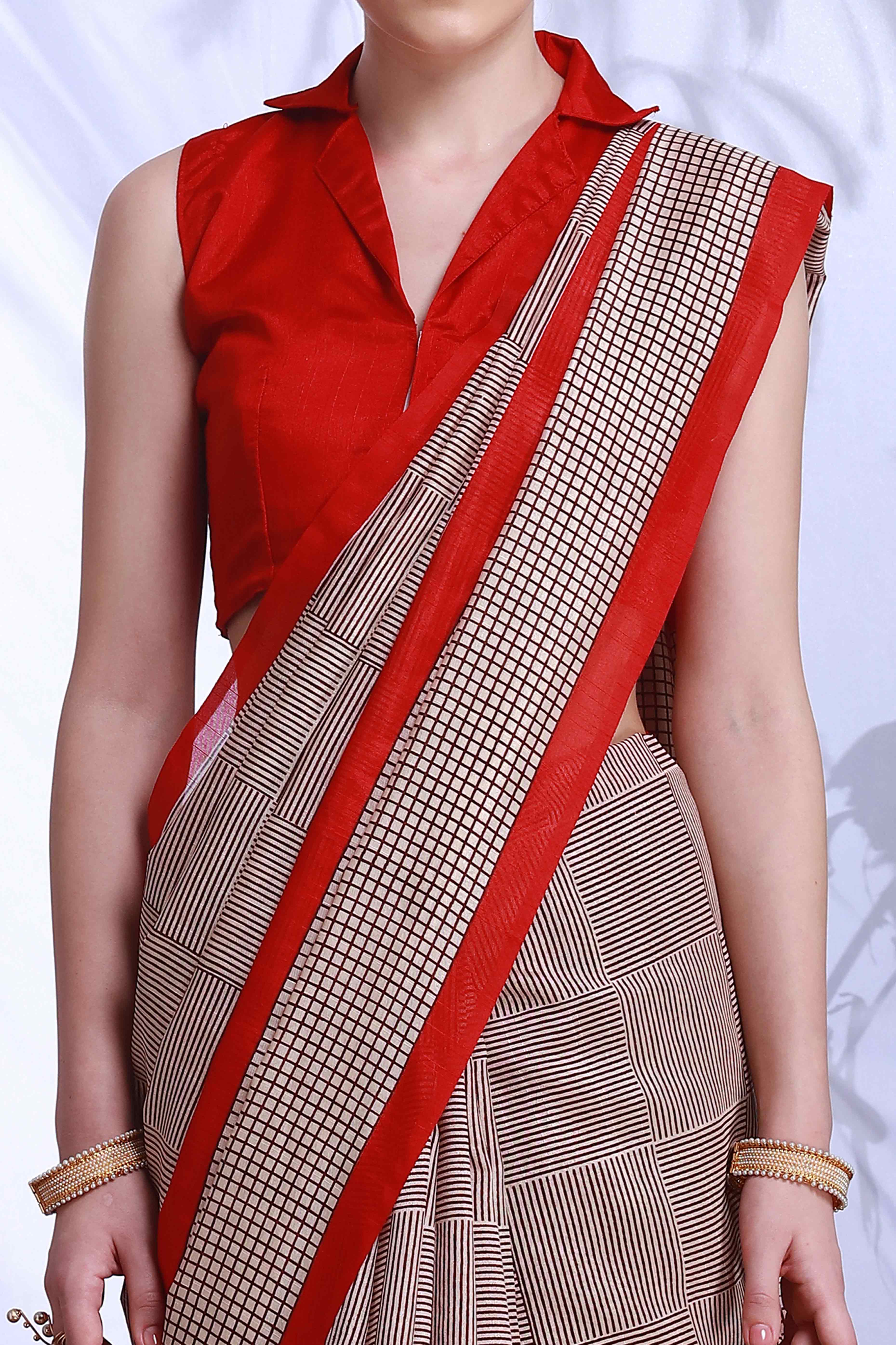 Beige & Brown Printed Bhagalpuri Silk Saree