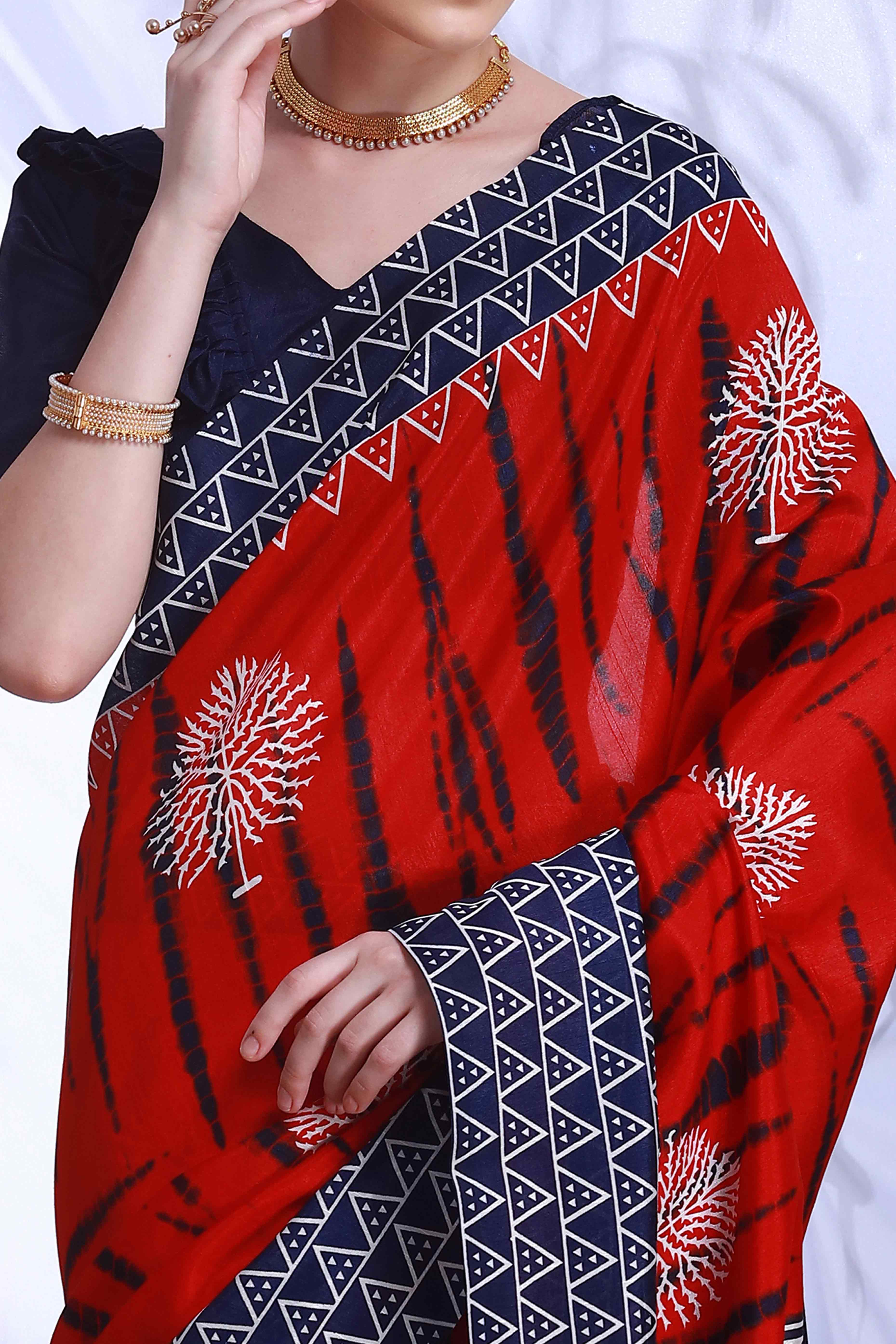 Red & Blue Printed Bhagalpuri Silk Saree
