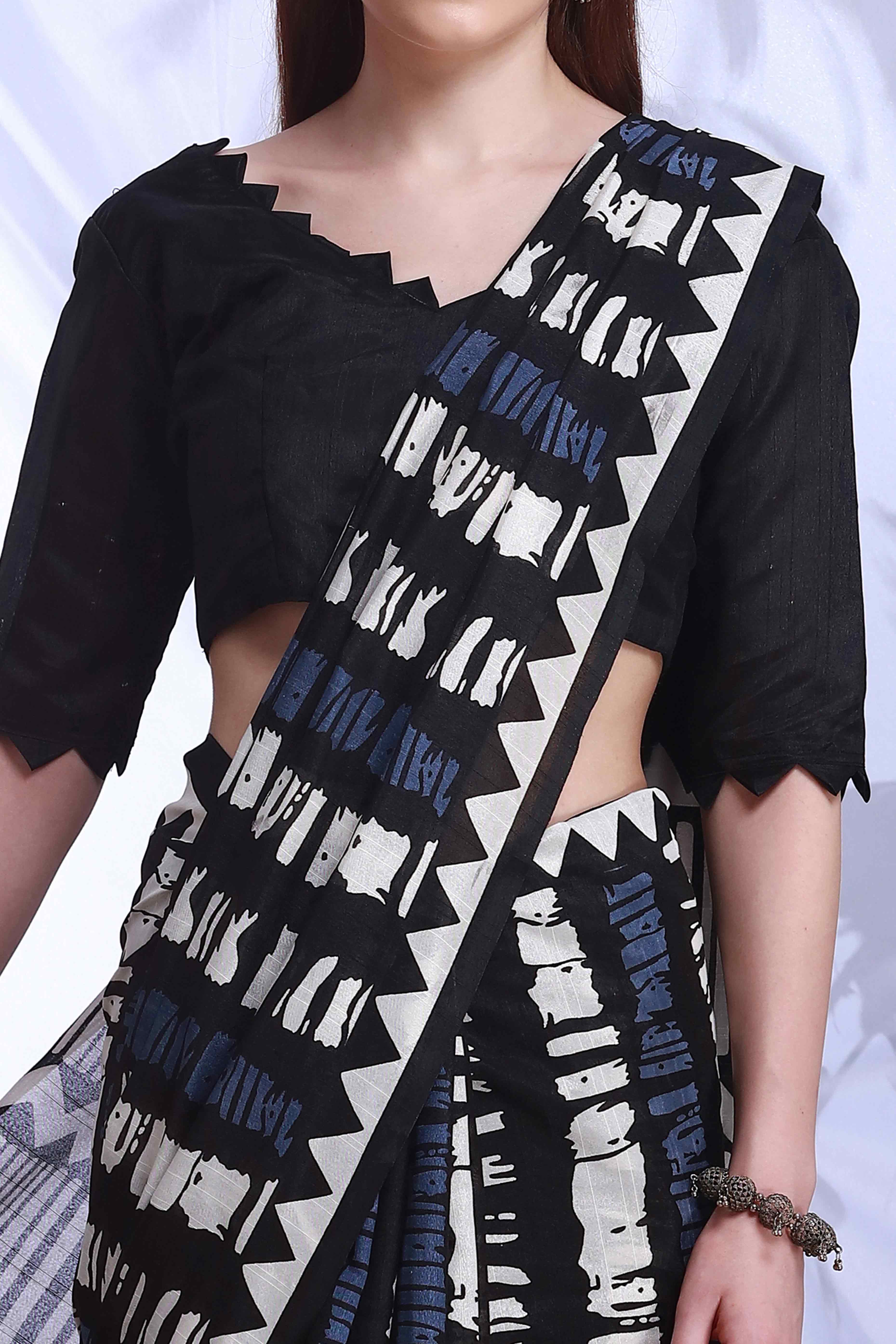 Black & White Printed Bhagalpuri Silk Saree