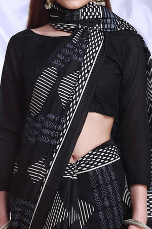 Black Printed Bhagalpuri Silk Saree