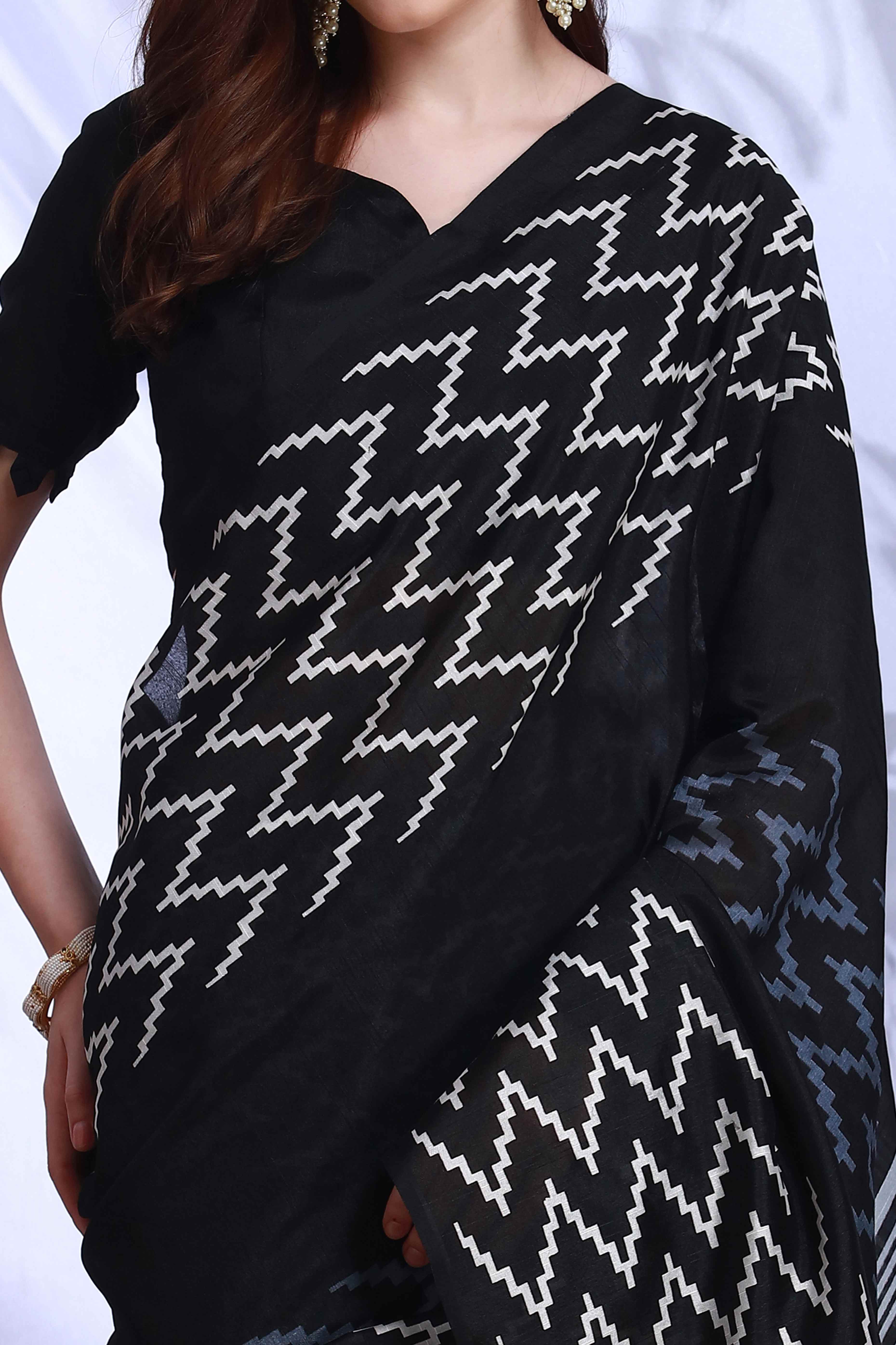 Black Printed Bhagalpuri Silk Saree