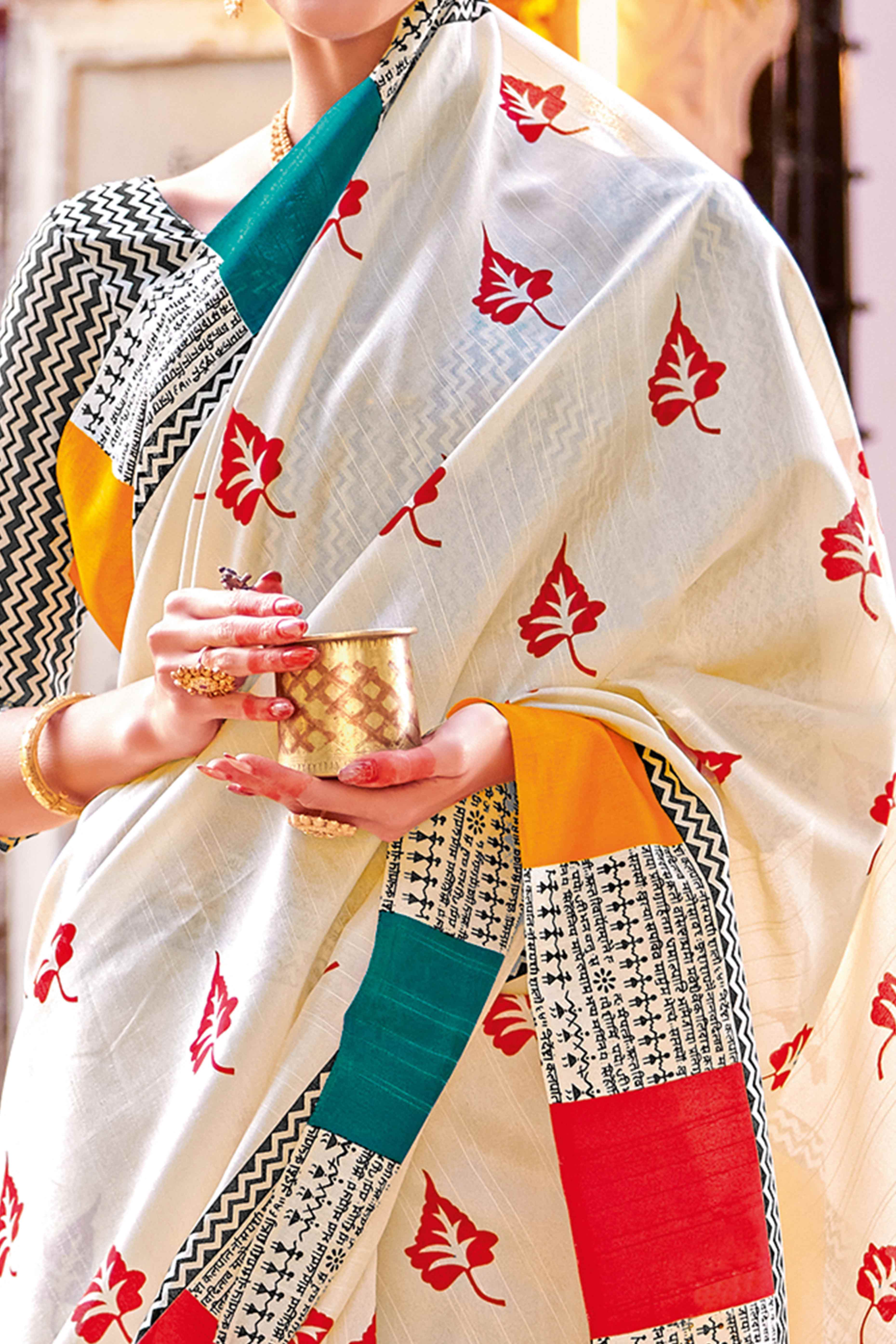 Cream Printed Bhagalpuri Silk Saree