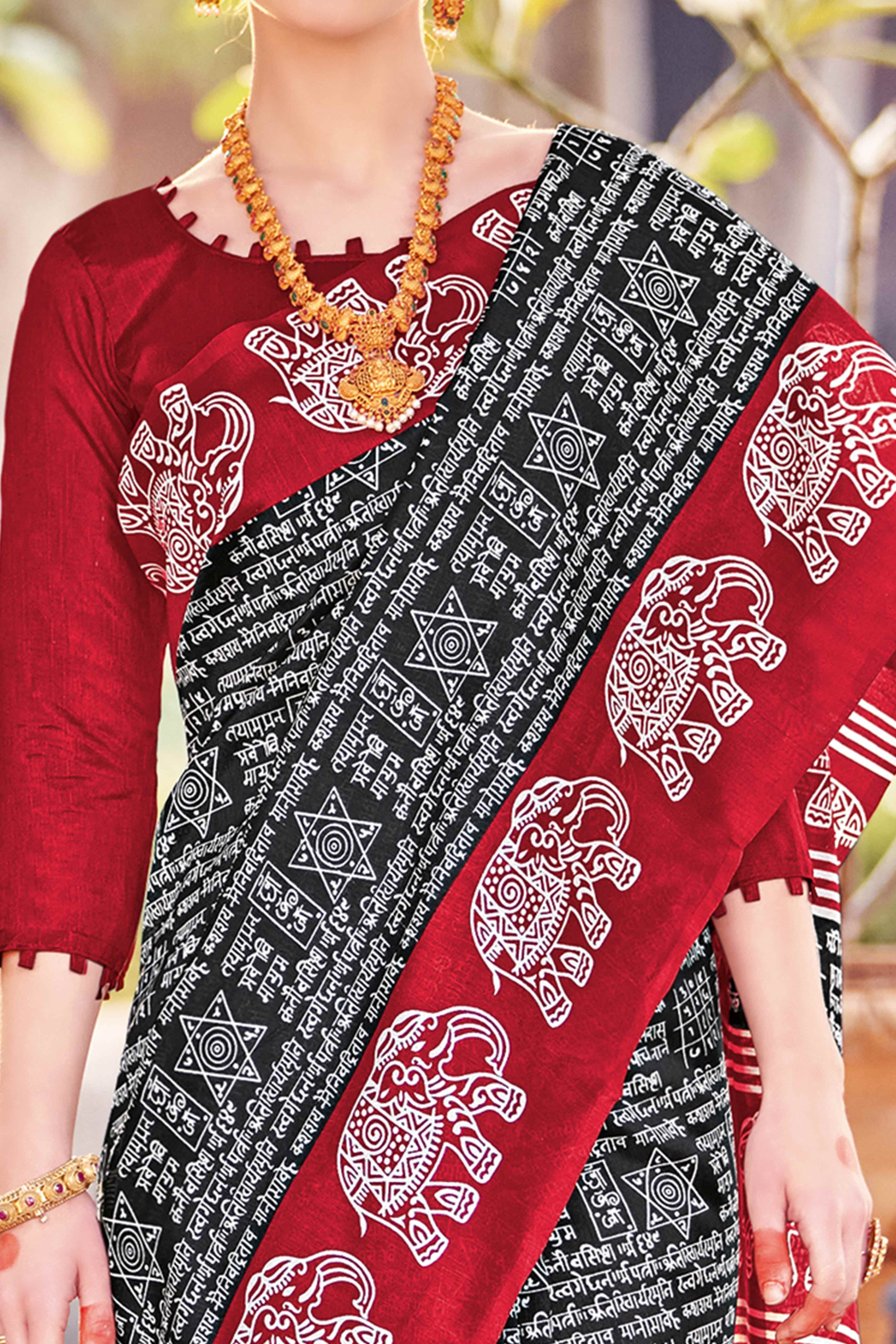 Black & Red Printed Bhagalpuri Silk Saree