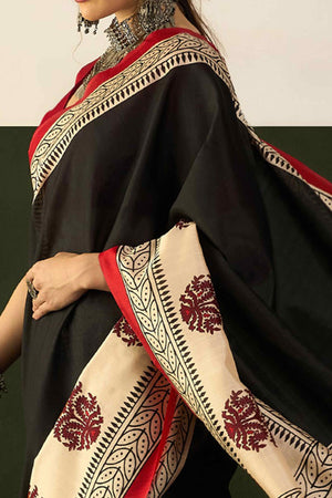 Black & Beige Printed Bhagalpuri Silk Saree