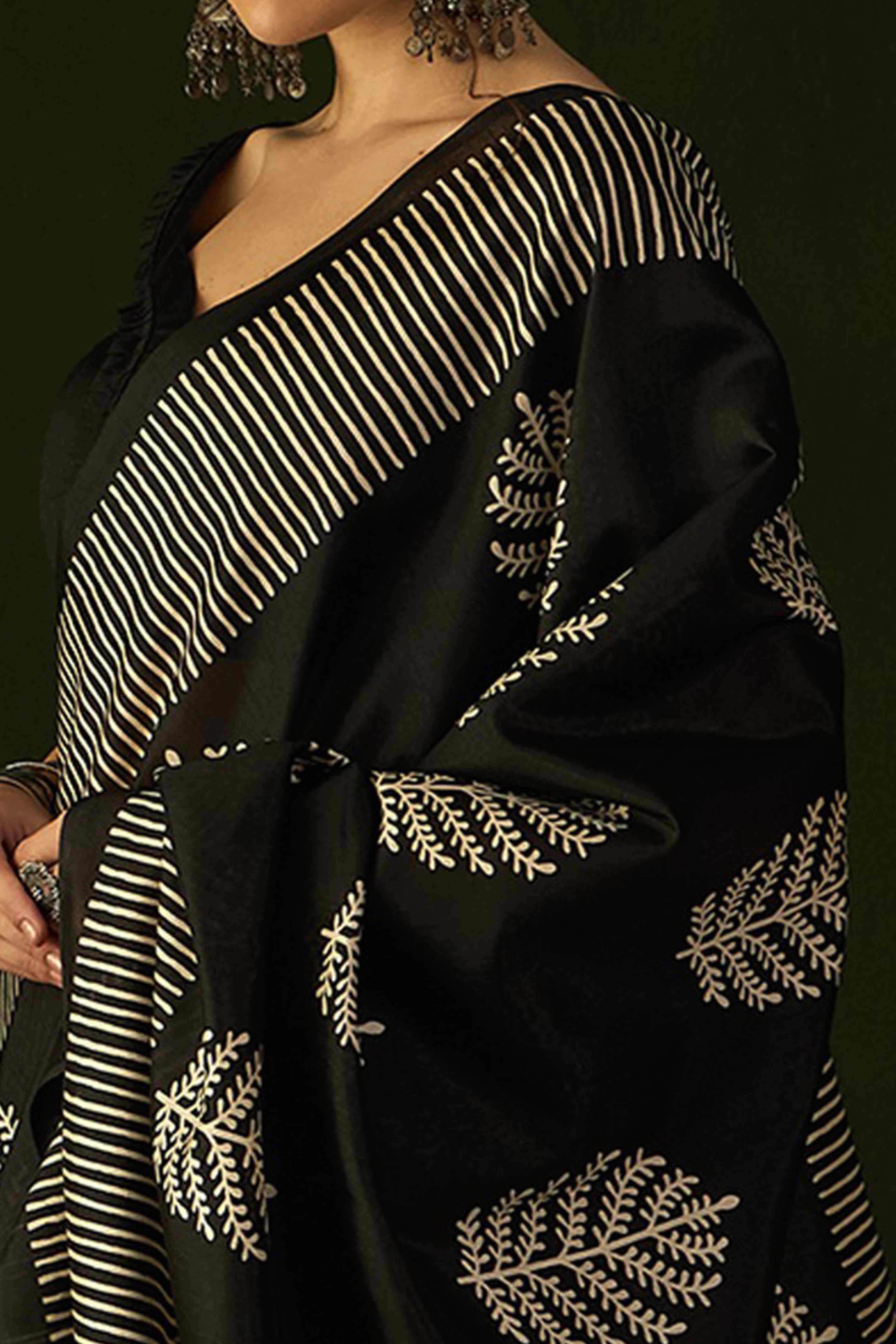 Black Printed Bhagalpuri Silk Saree