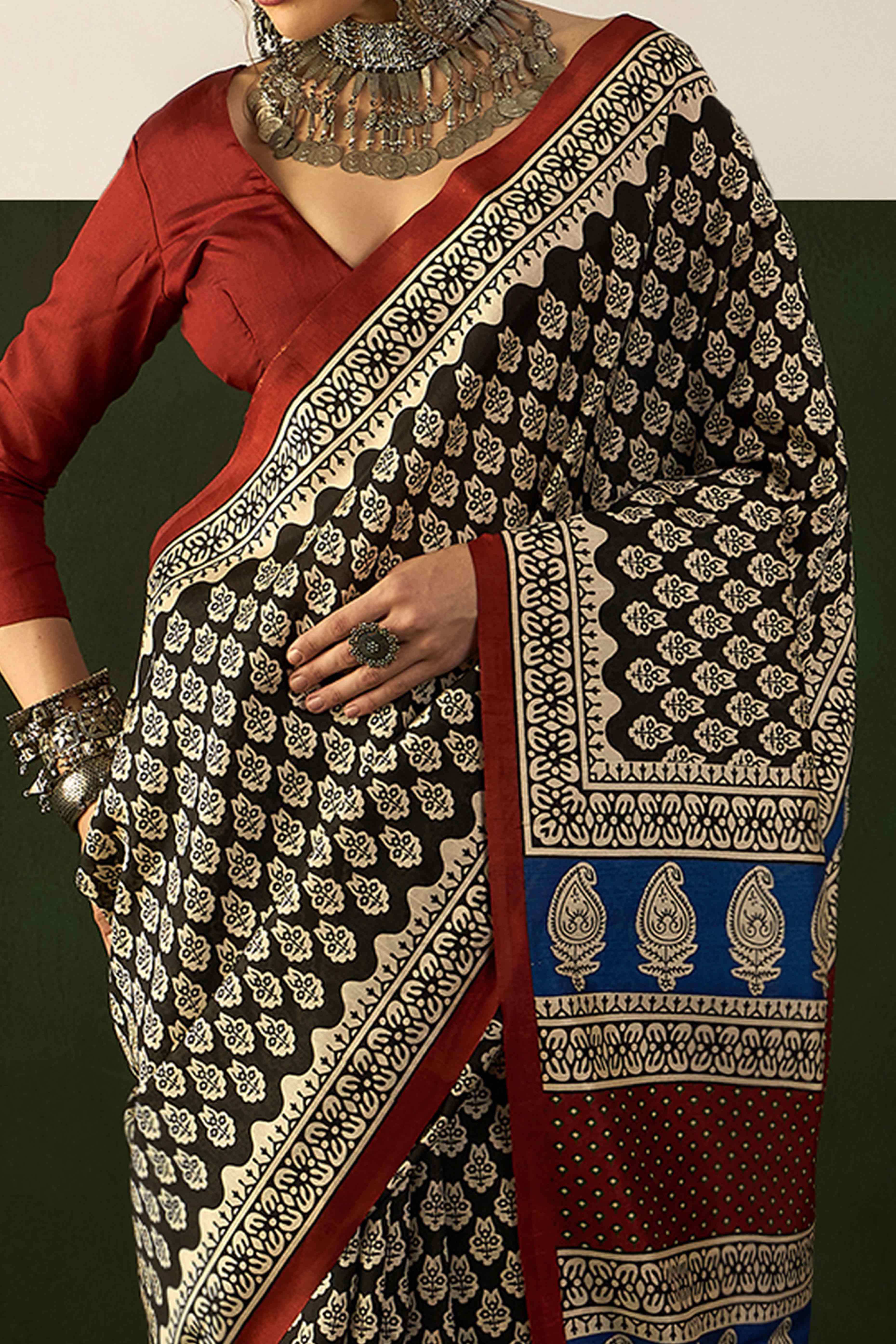 Black & Beige Printed Bhagalpuri Silk Saree