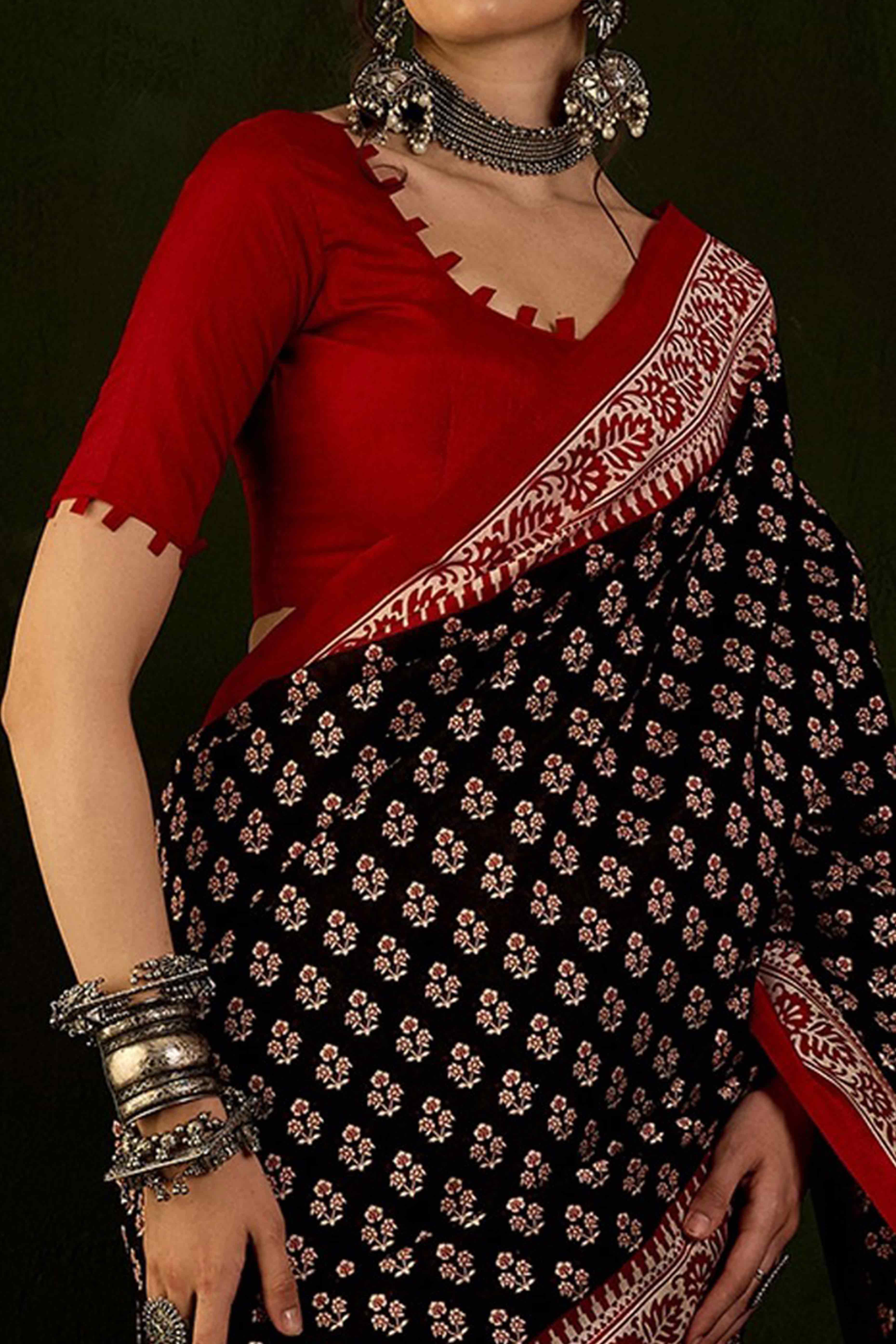 Black & Red Printed Bhagalpuri Silk Saree