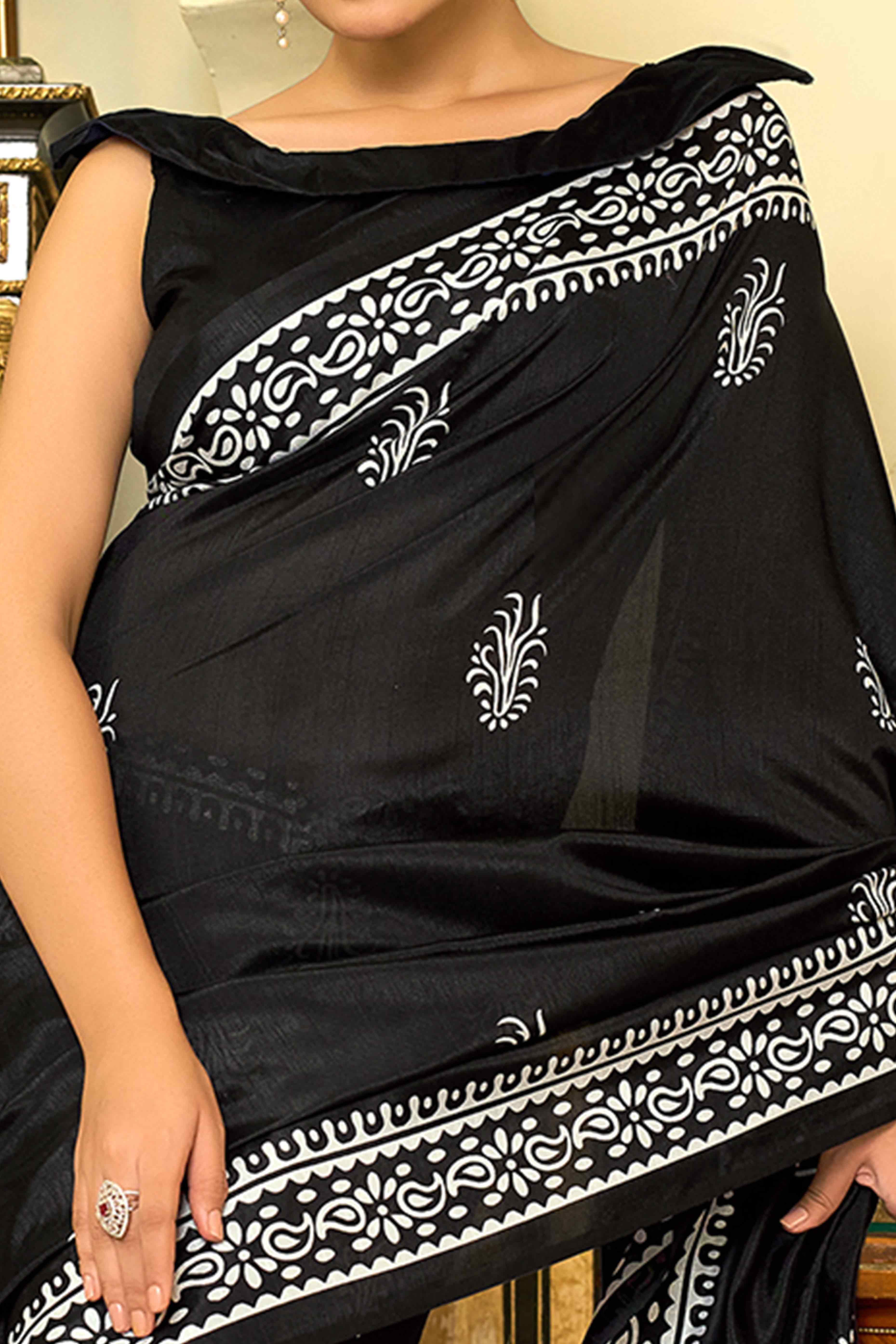 Black Floral Printed Bhagalpuri Silk Saree