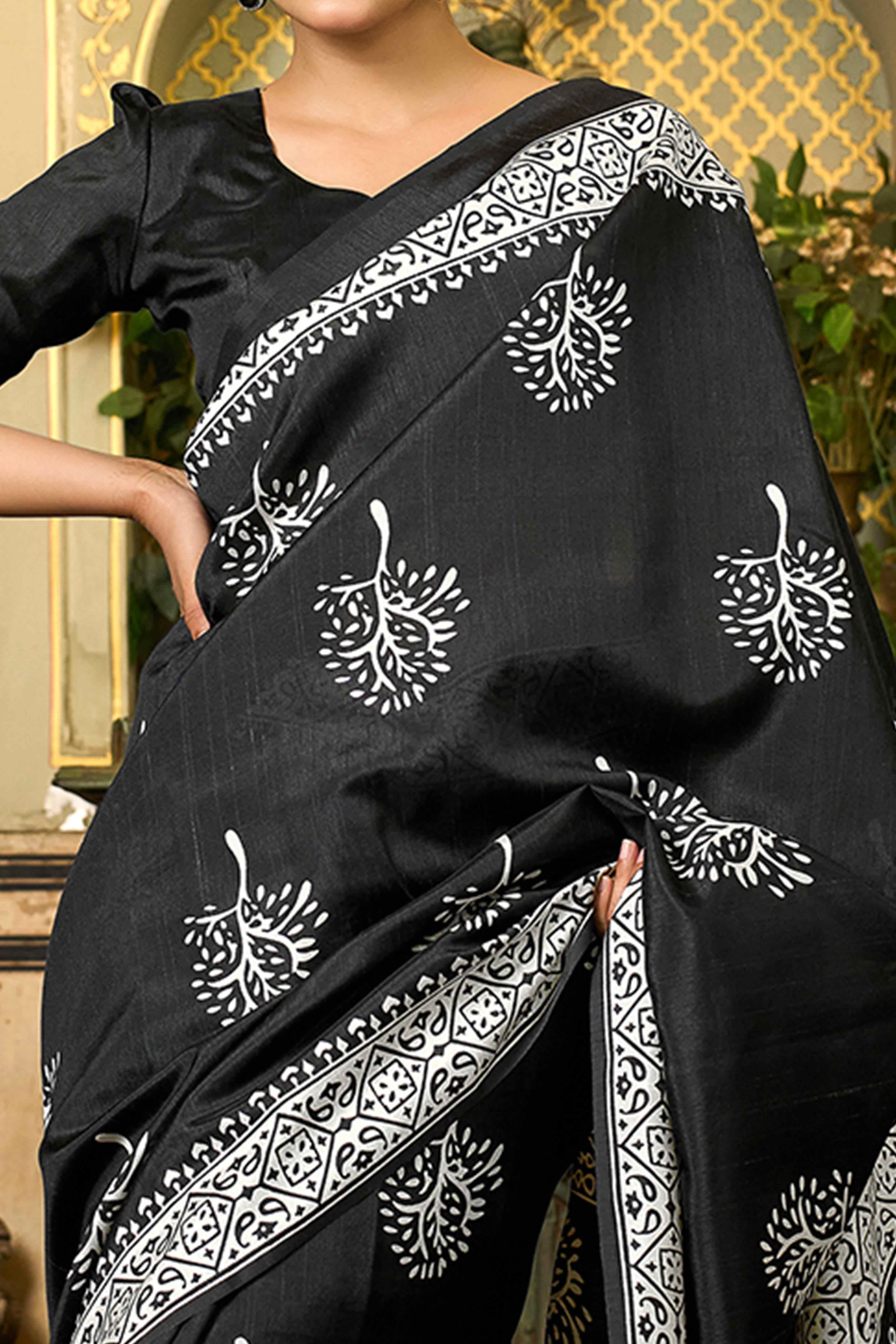 Black Floral Printed Bhagalpuri Silk Saree