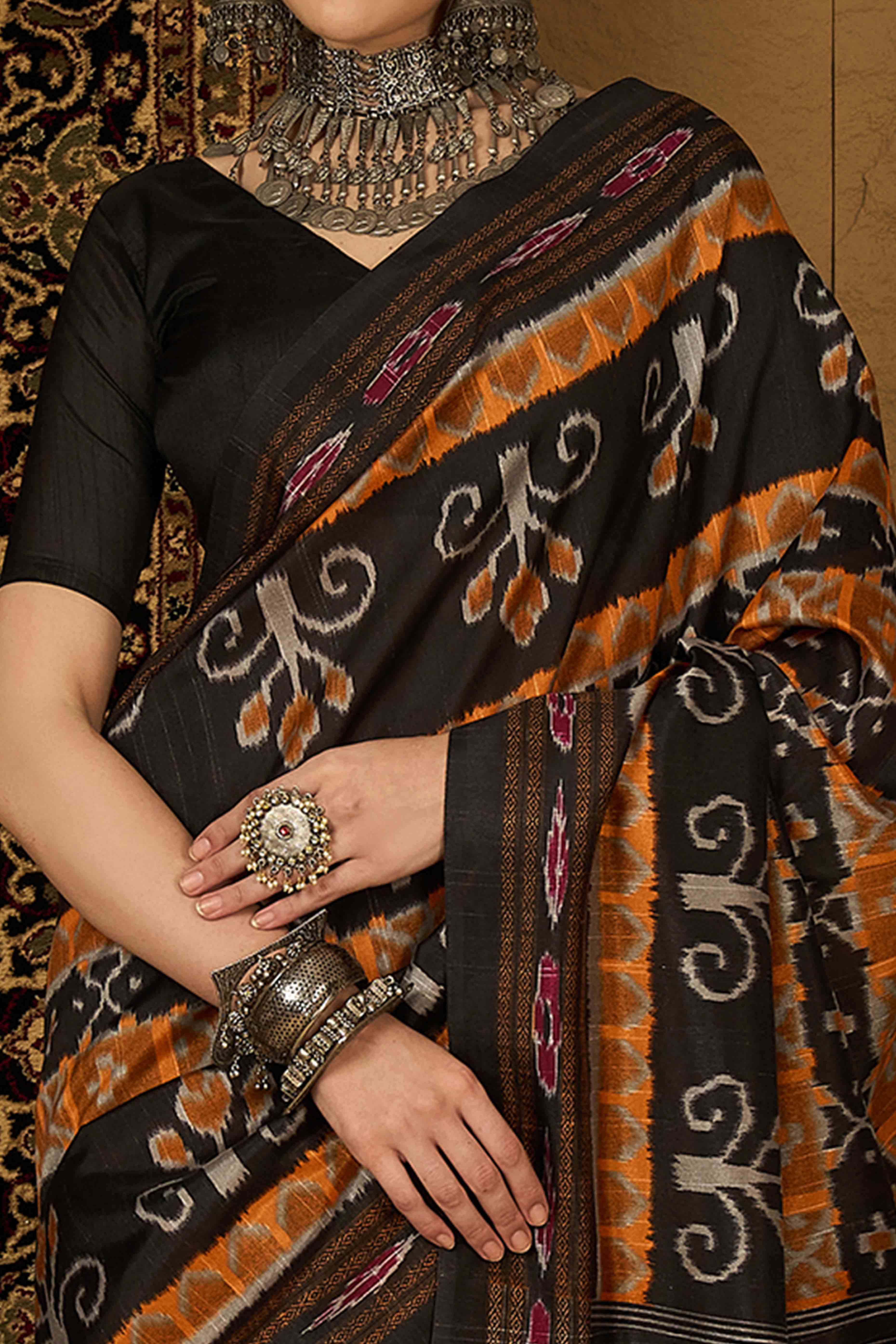 Black & Orange Floral Printed Bhagalpuri Silk Saree