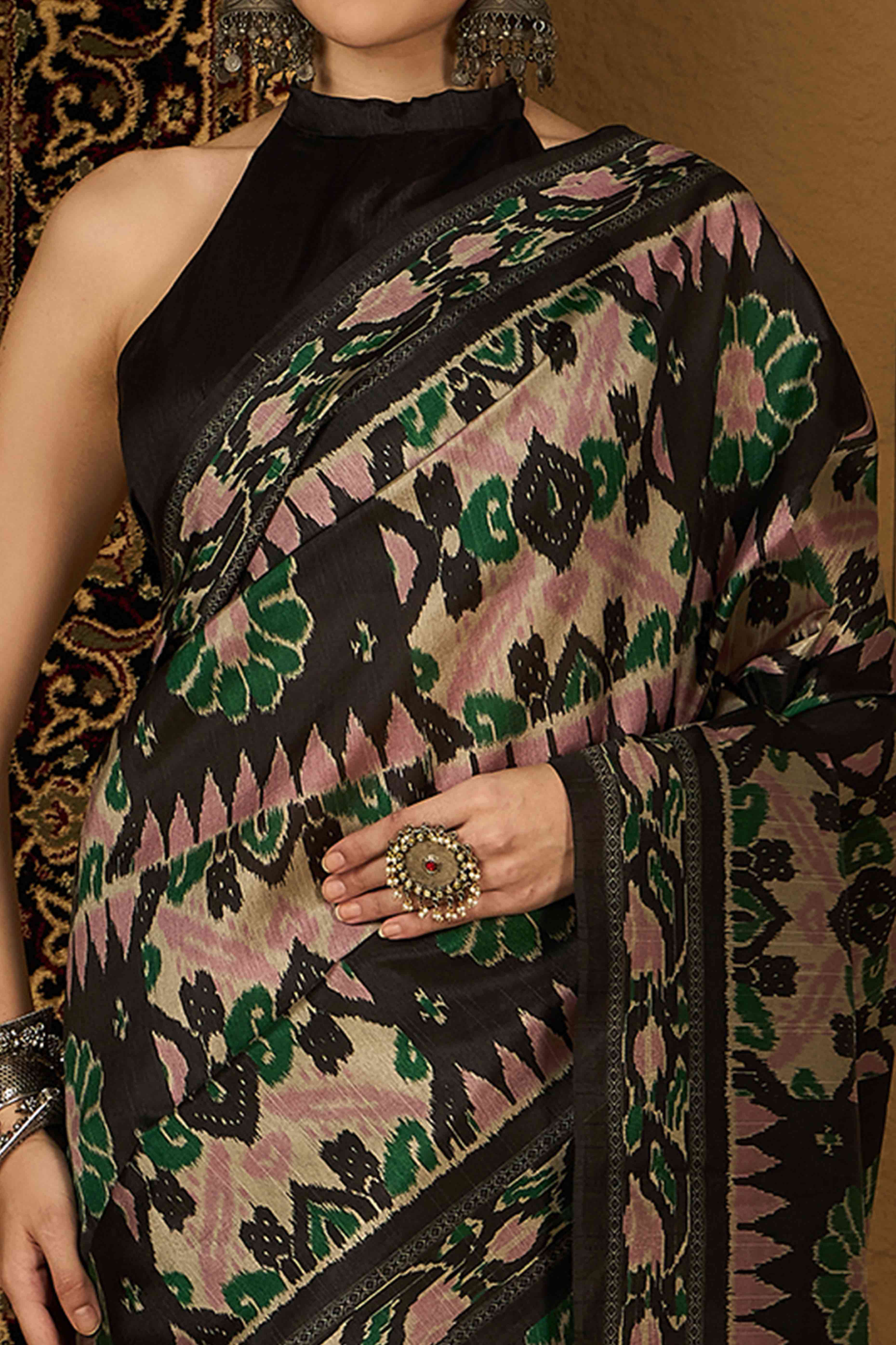 Black Floral Printed Bhagalpuri Silk Saree