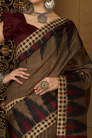 Brown Checks Printed Bhagalpuri Silk Saree