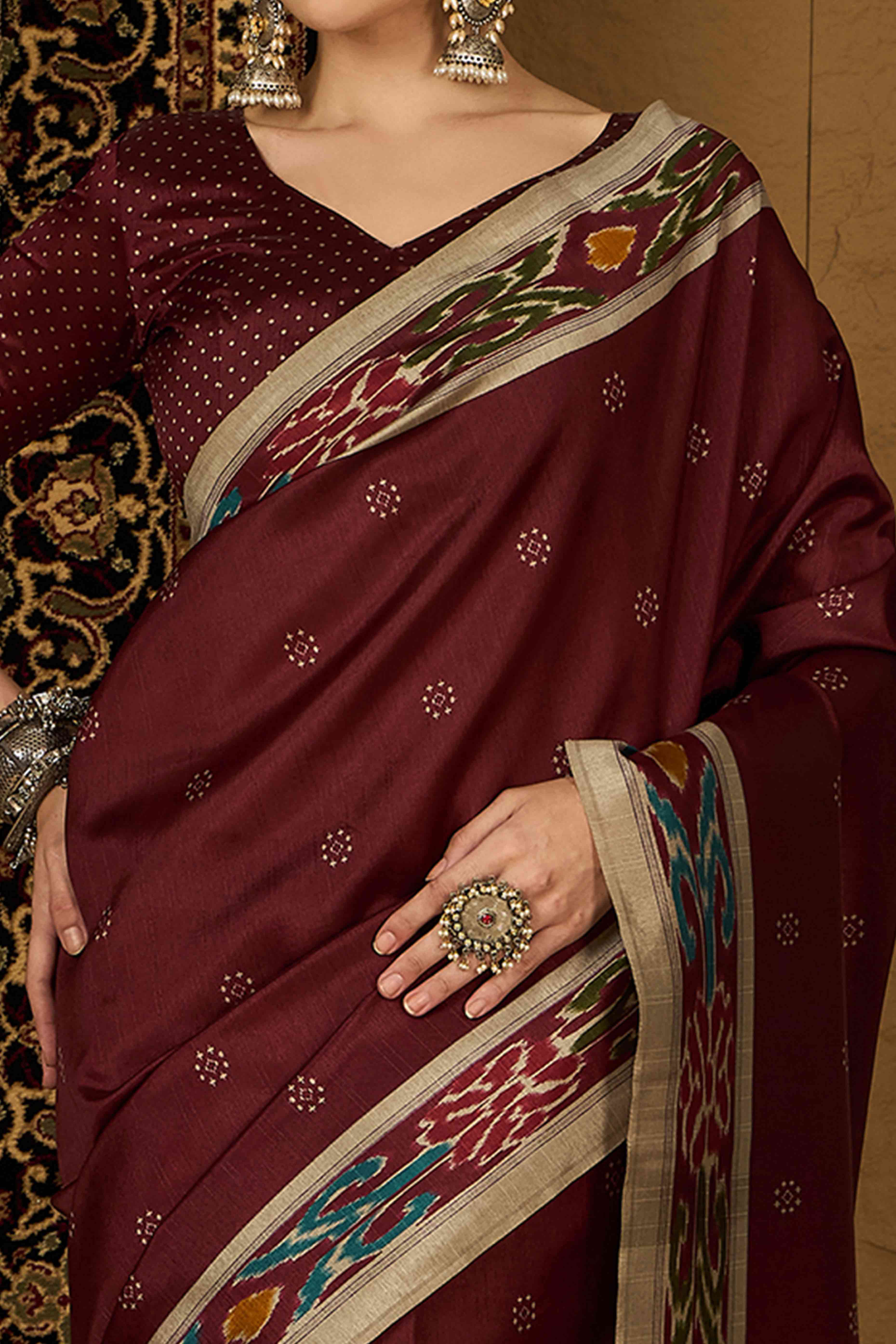 Maroon Printed Bhagalpuri Silk Saree