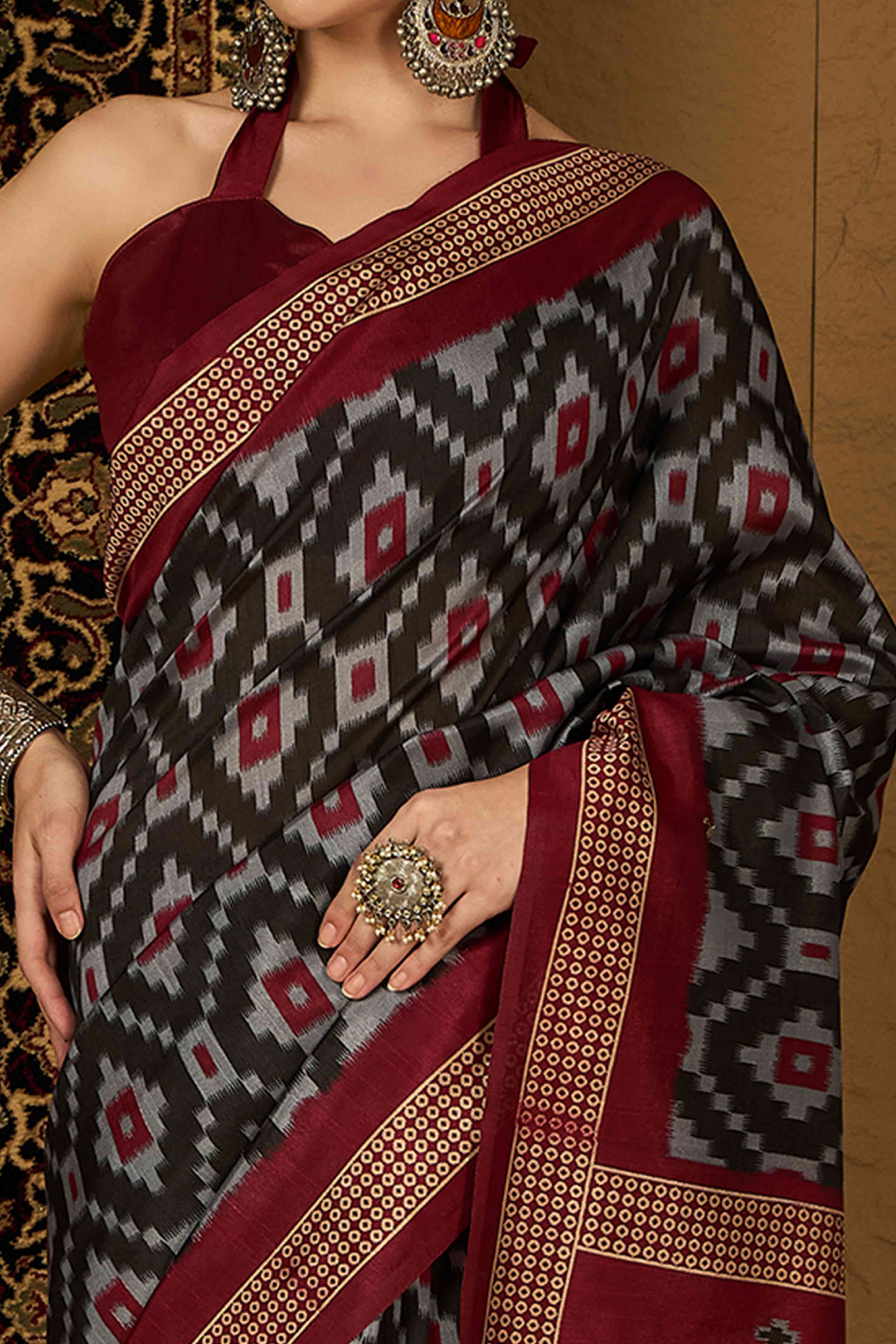 Black & Maroon Printed Bhagalpuri Silk Saree