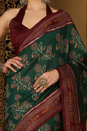 Green Floral Printed Bhagalpuri Silk Saree