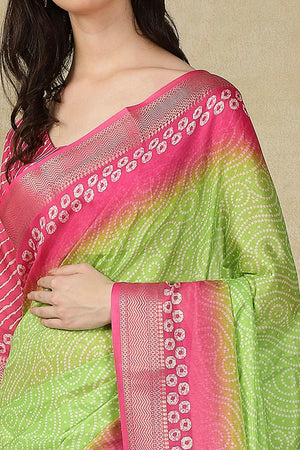 Luxury Green & Pink Bandhani Print Cotton Silk Saree Featuring Weaving Border & Tassel Pallu