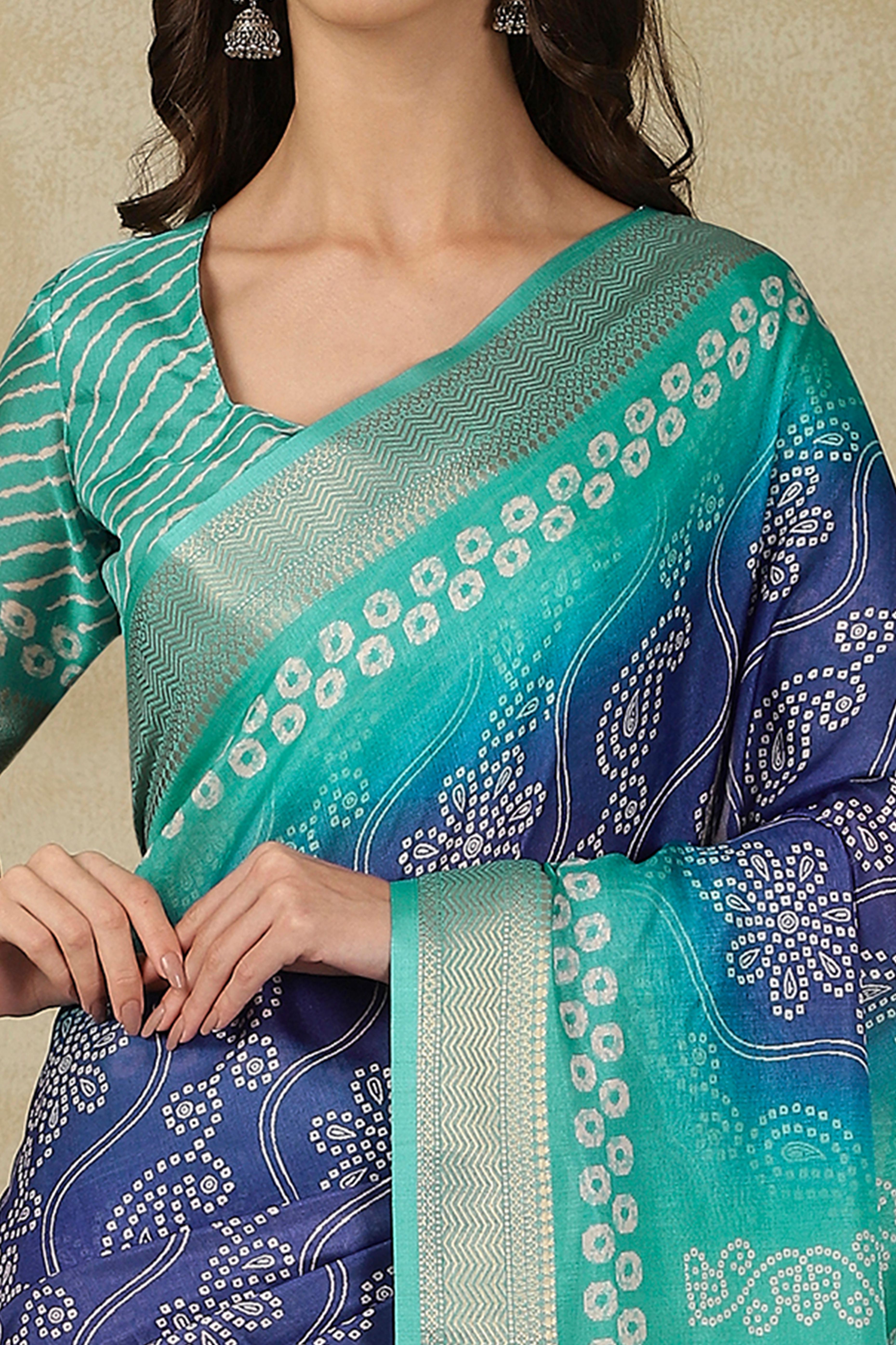Luxury Blue & Turquoise Bandhani Print Cotton Silk Saree Featuring Weaving Border & Tassel Pallu