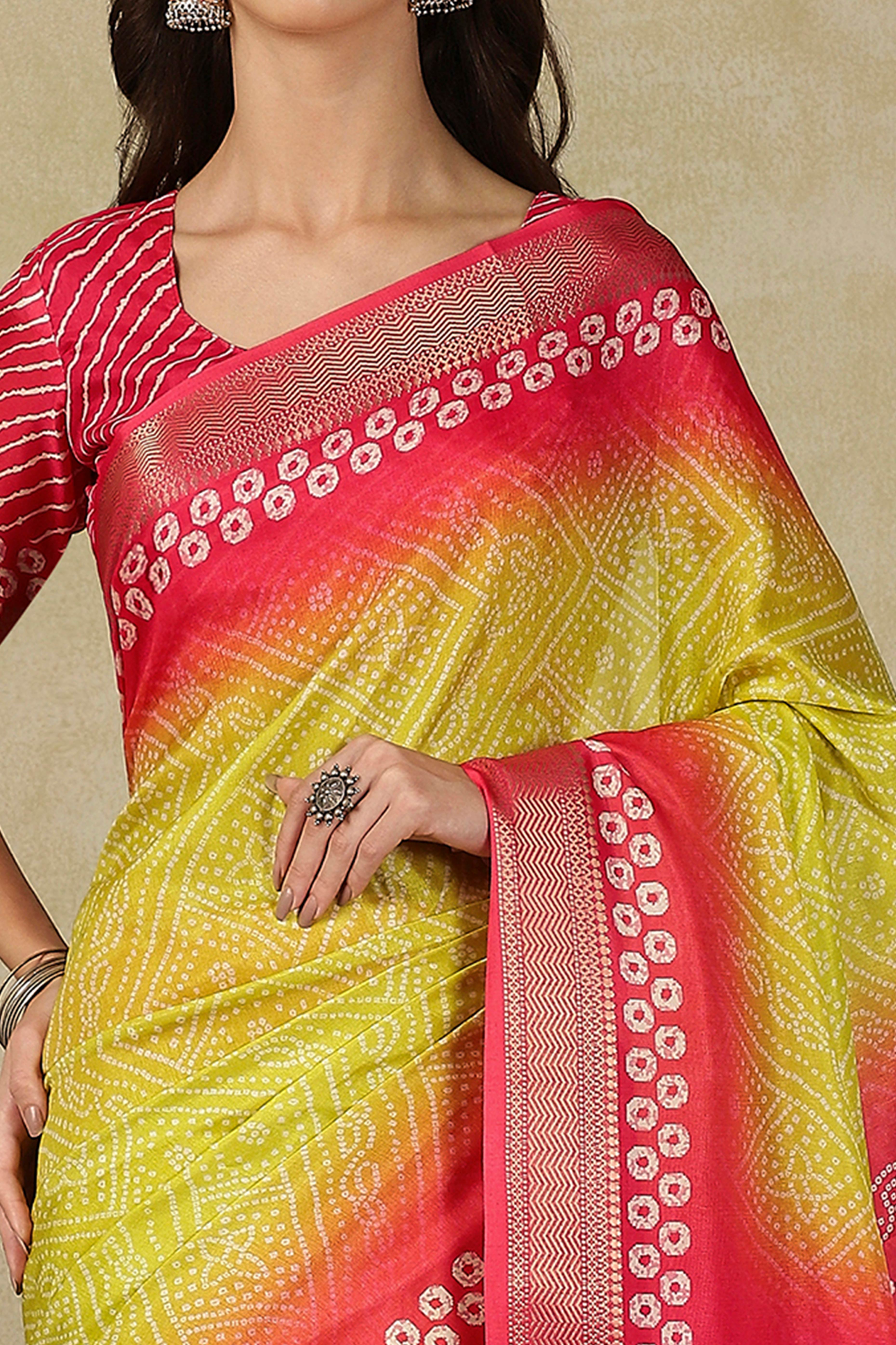 Luxury Lemon Yellow & Red Bandhani Print Cotton Silk Saree Featuring Weaving Border & Tassel Pallu