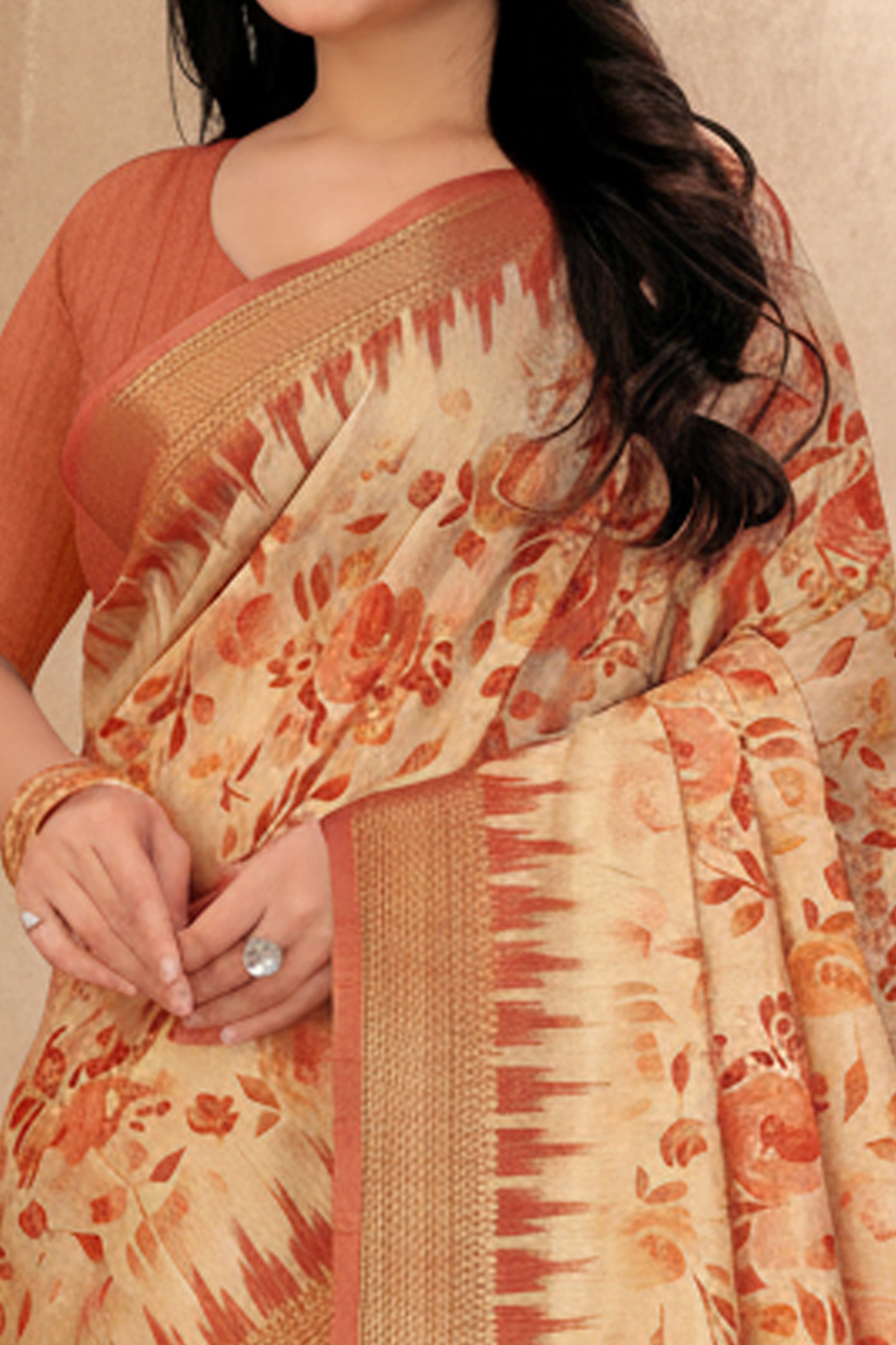 Chic Rust Floral Print Cotton Silk Saree Featuring Woven Border & Decorative Tassel Pallu