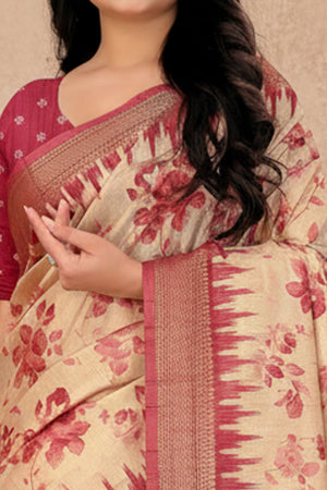 Chic Cherry Red Floral Print Cotton Silk Saree Featuring Woven Border & Decorative Tassel Pallu