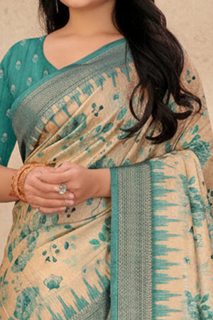 Chic Turquoise Floral Print Cotton Silk Saree Featuring Woven Border & Decorative Tassel Pallu