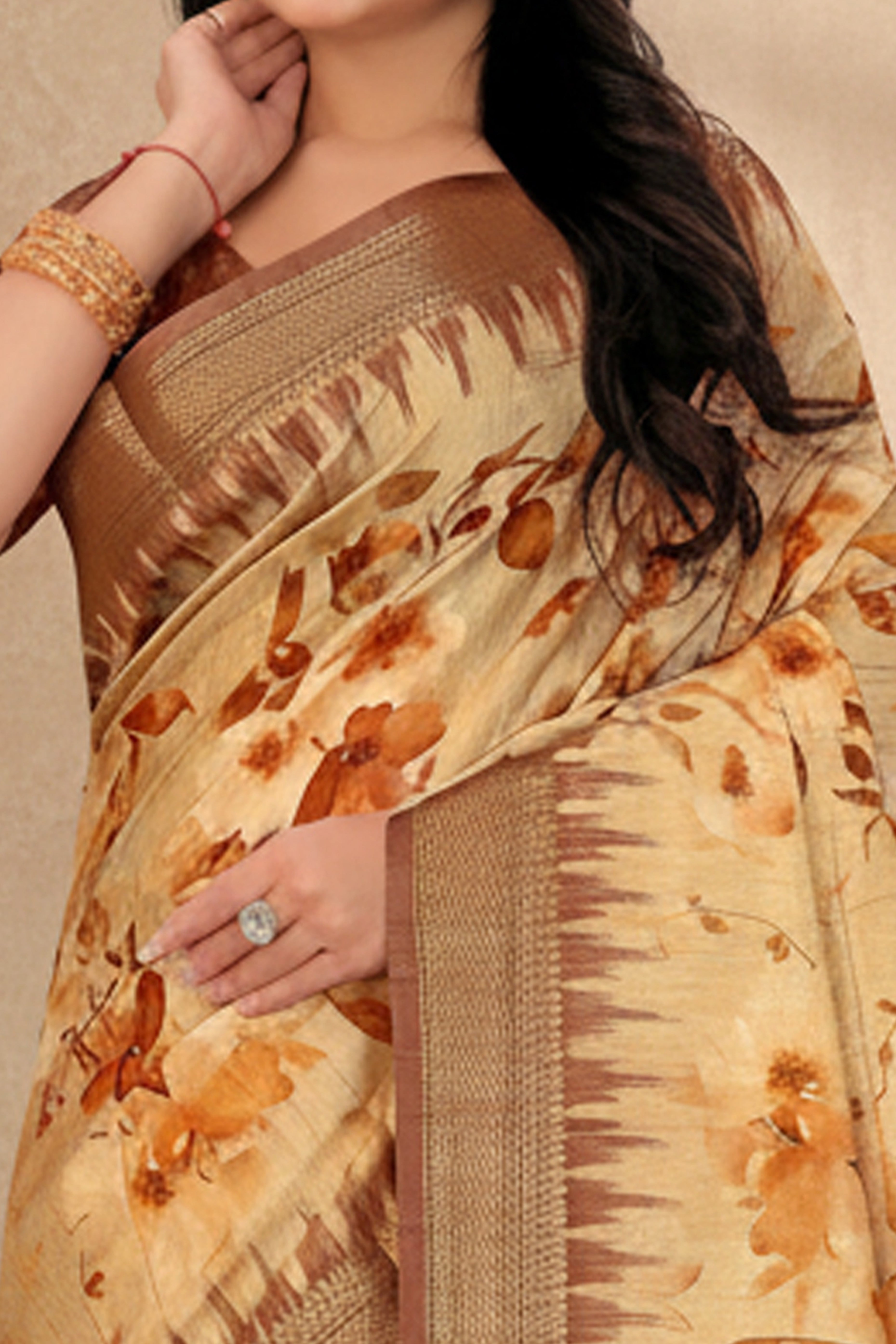 Chic Brown Floral Print Cotton Silk Saree Featuring Woven Border & Decorative Tassel Pallu