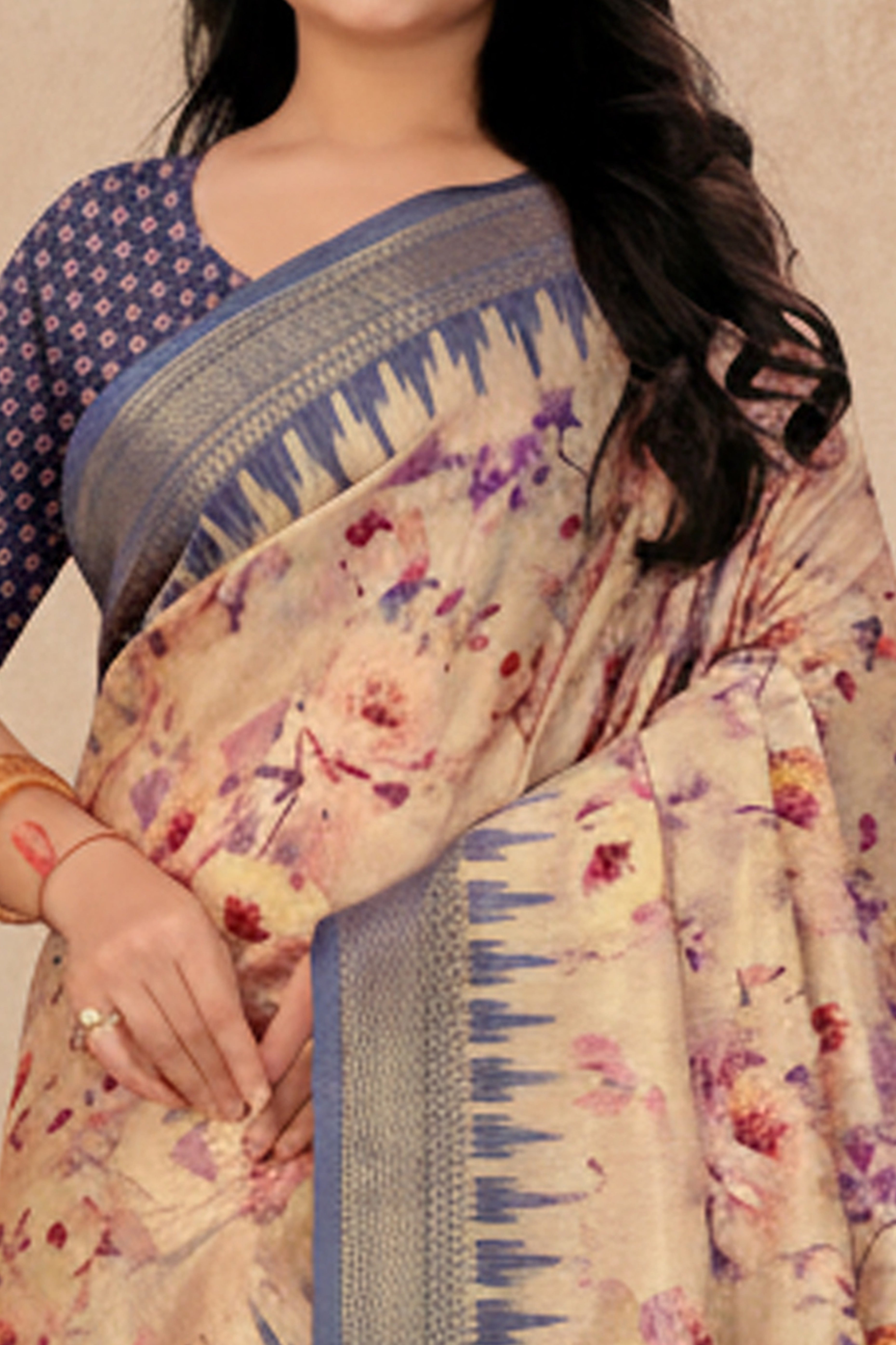 Chic Navy Blue Floral Print Cotton Silk Saree Featuring Woven Border & Decorative Tassel Pallu