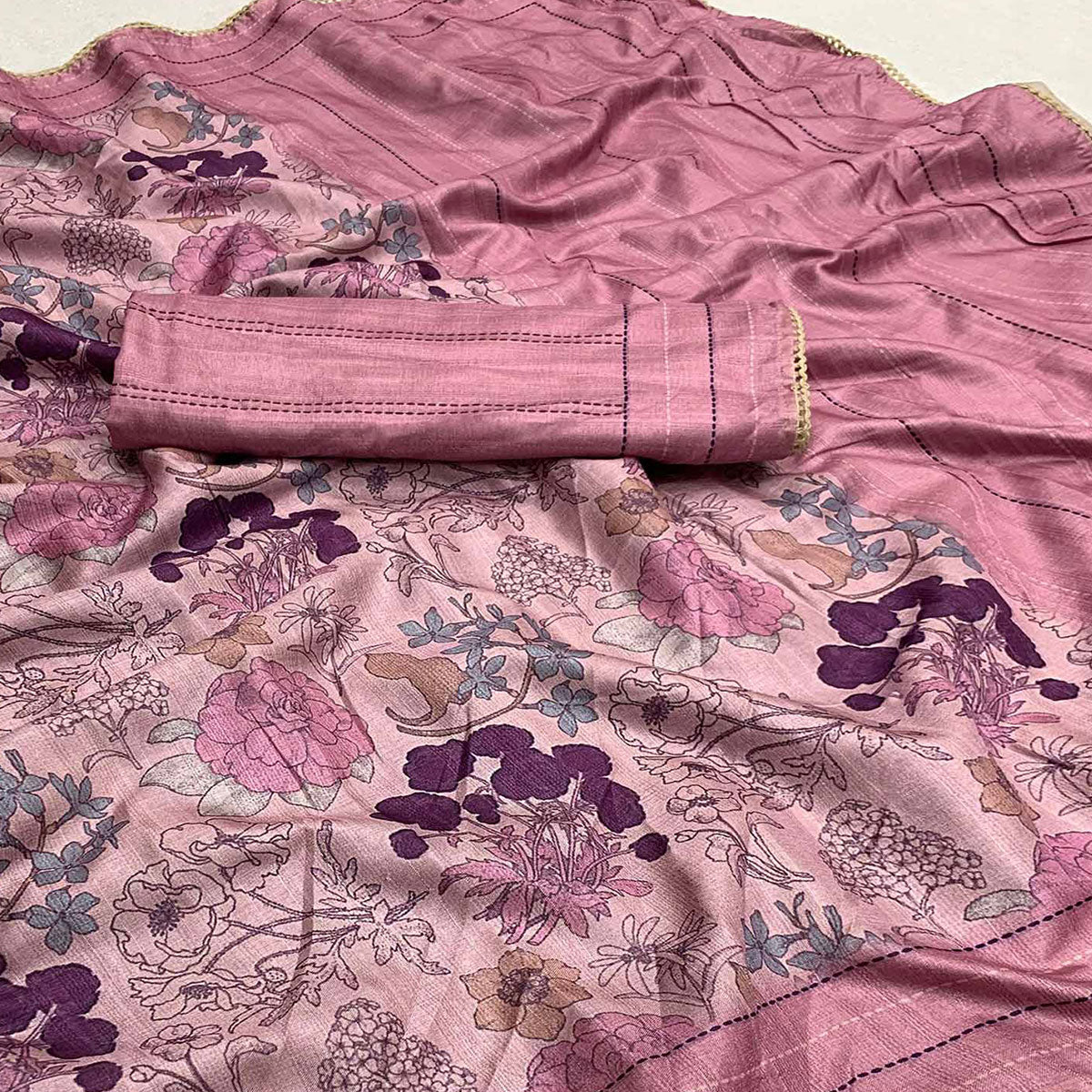 Pink Floral Digital Printed Tussar Silk Saree