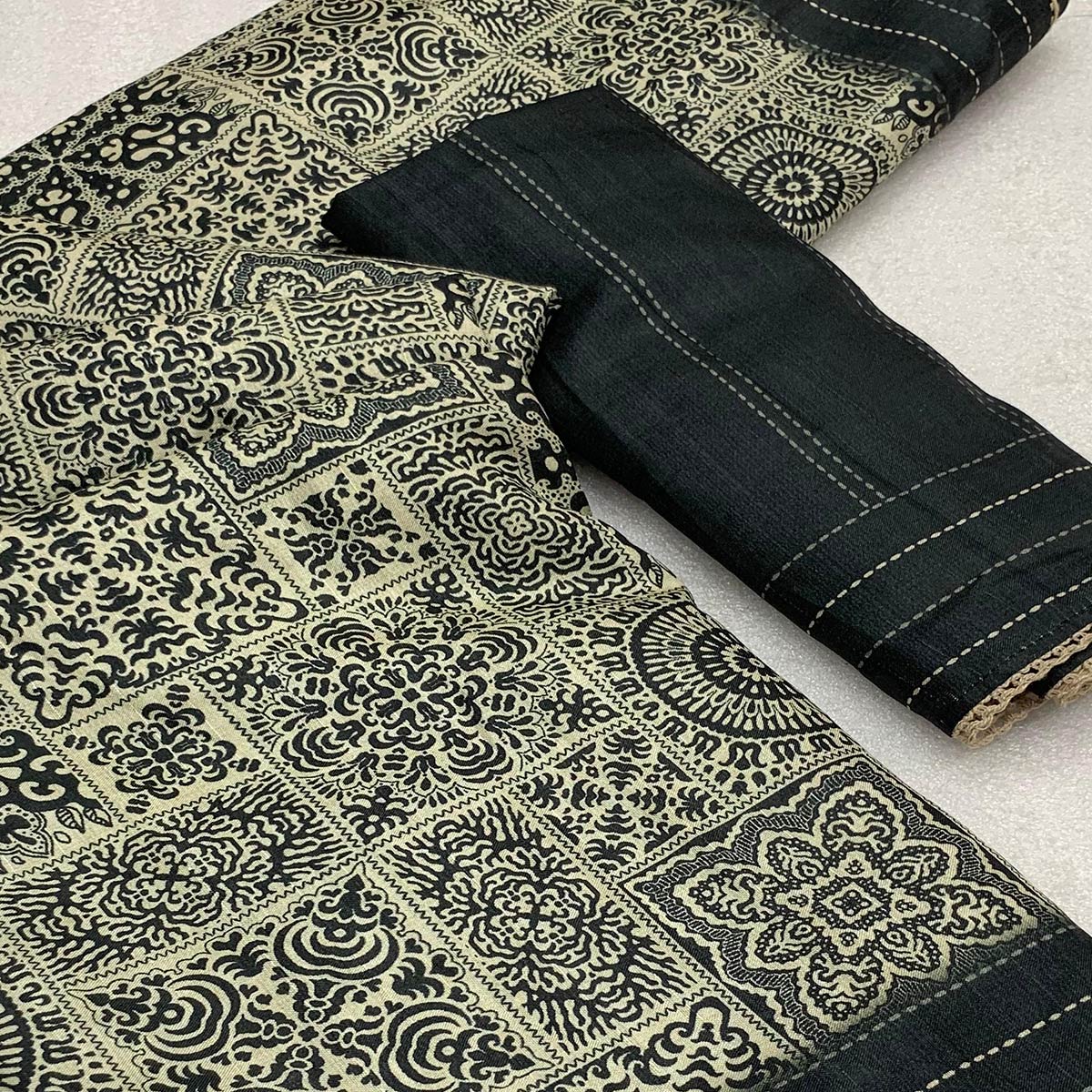 Black Ajrakh Printed Tussar Silk Saree