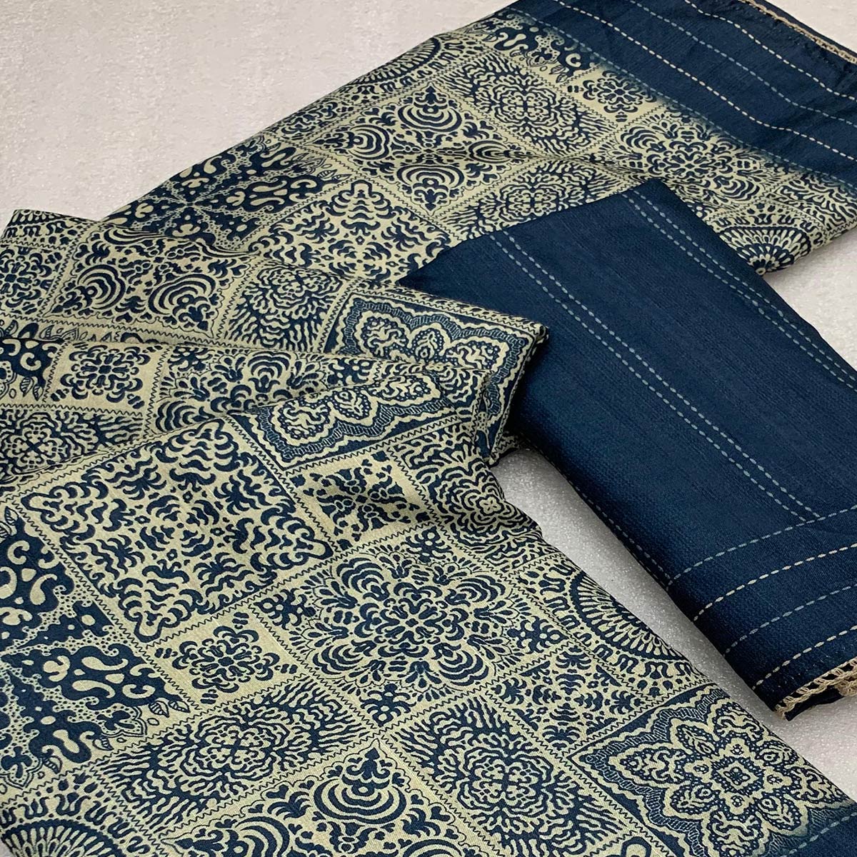 Blue Ajrakh Printed Tussar Silk Saree