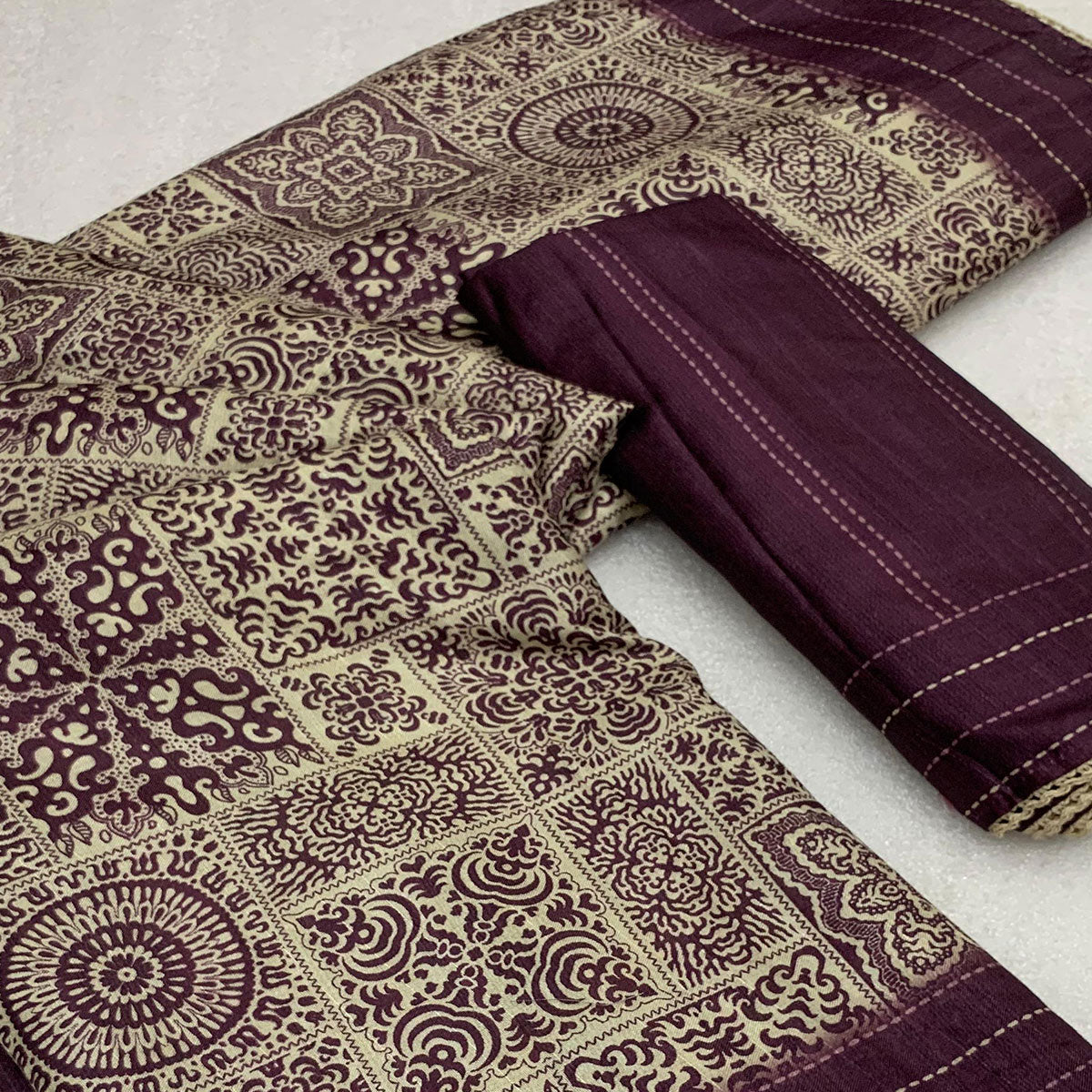 Wine Ajrakh Printed Tussar Silk Saree