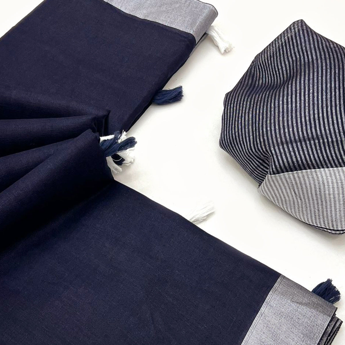 Dark Blue Solid Pure Linen Saree With Zari Woven Border