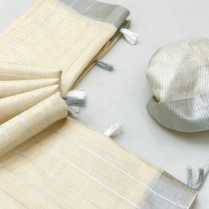 Offwhite Zari Woven Linen Saree With Tassels