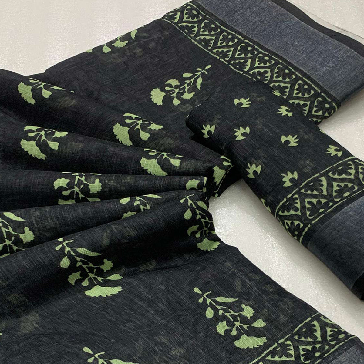 Black Floral Digital Printed Linen Saree