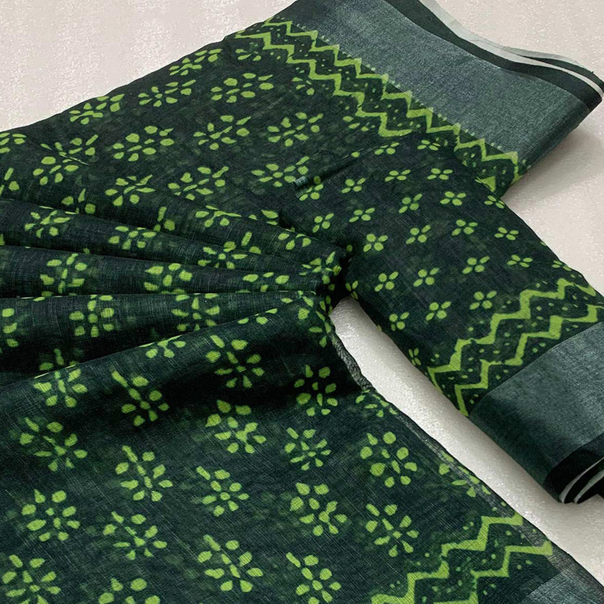 Green Floral Digital Printed Linen Saree