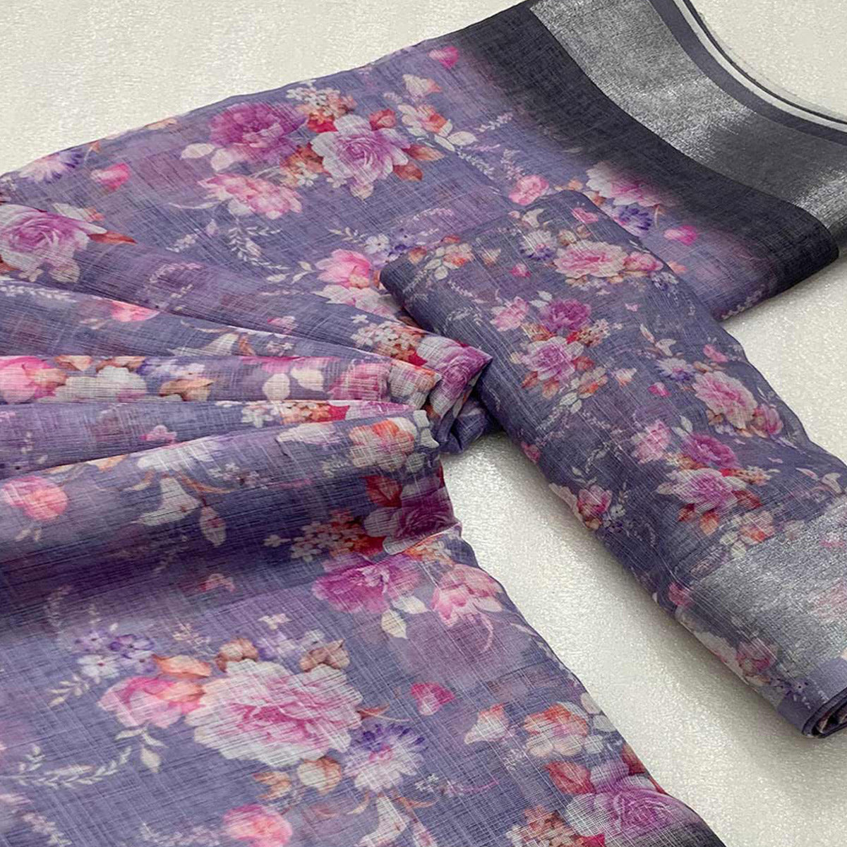 Purple Floral Digital Printed Linen Saree