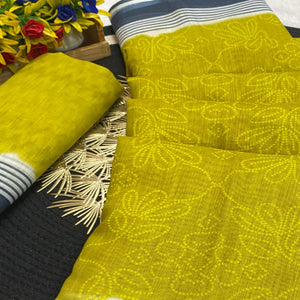 Olive Pure Linen Saree with Authentic Bandhani Print