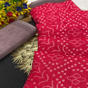 Pink Pure Linen Saree with Authentic Bandhani Print