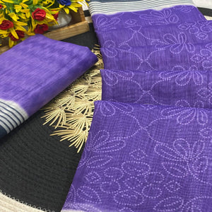 Purple Pure Linen Saree with Authentic Bandhani Print