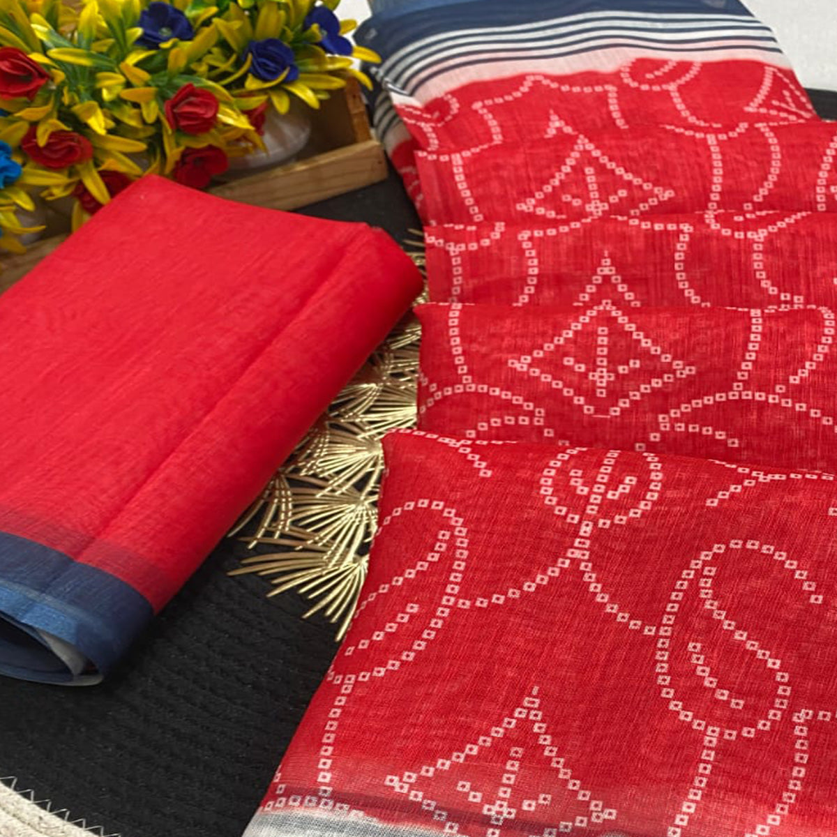 Red Pure Linen Saree with Authentic Bandhani Print