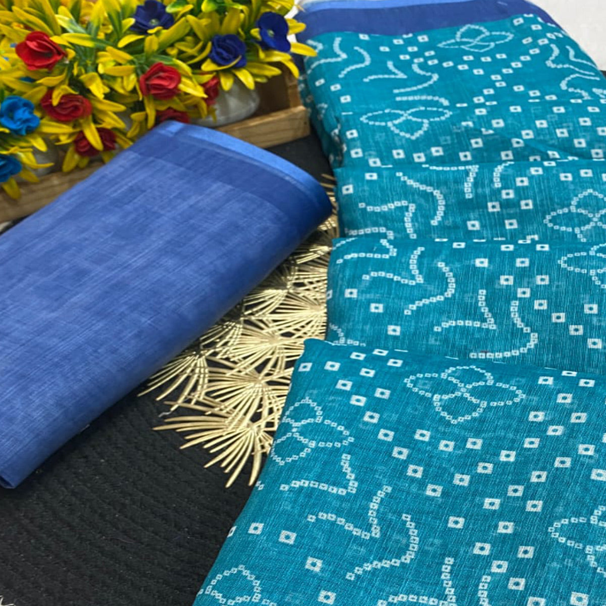 Teal Pure Linen Saree with Authentic Bandhani Print