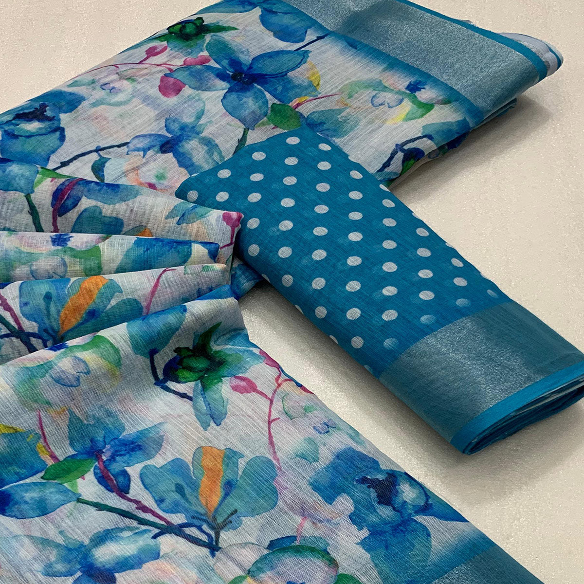 Blue Floral Digital Printed Linen Saree