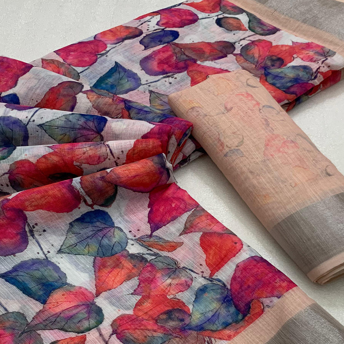 Multicolor Floral Digital Printed Linen Saree