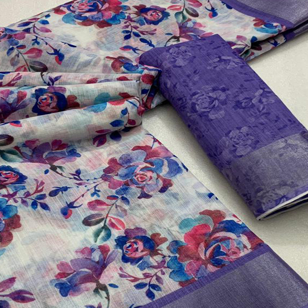 Offwhite & Purple Floral Digital Printed Linen Saree