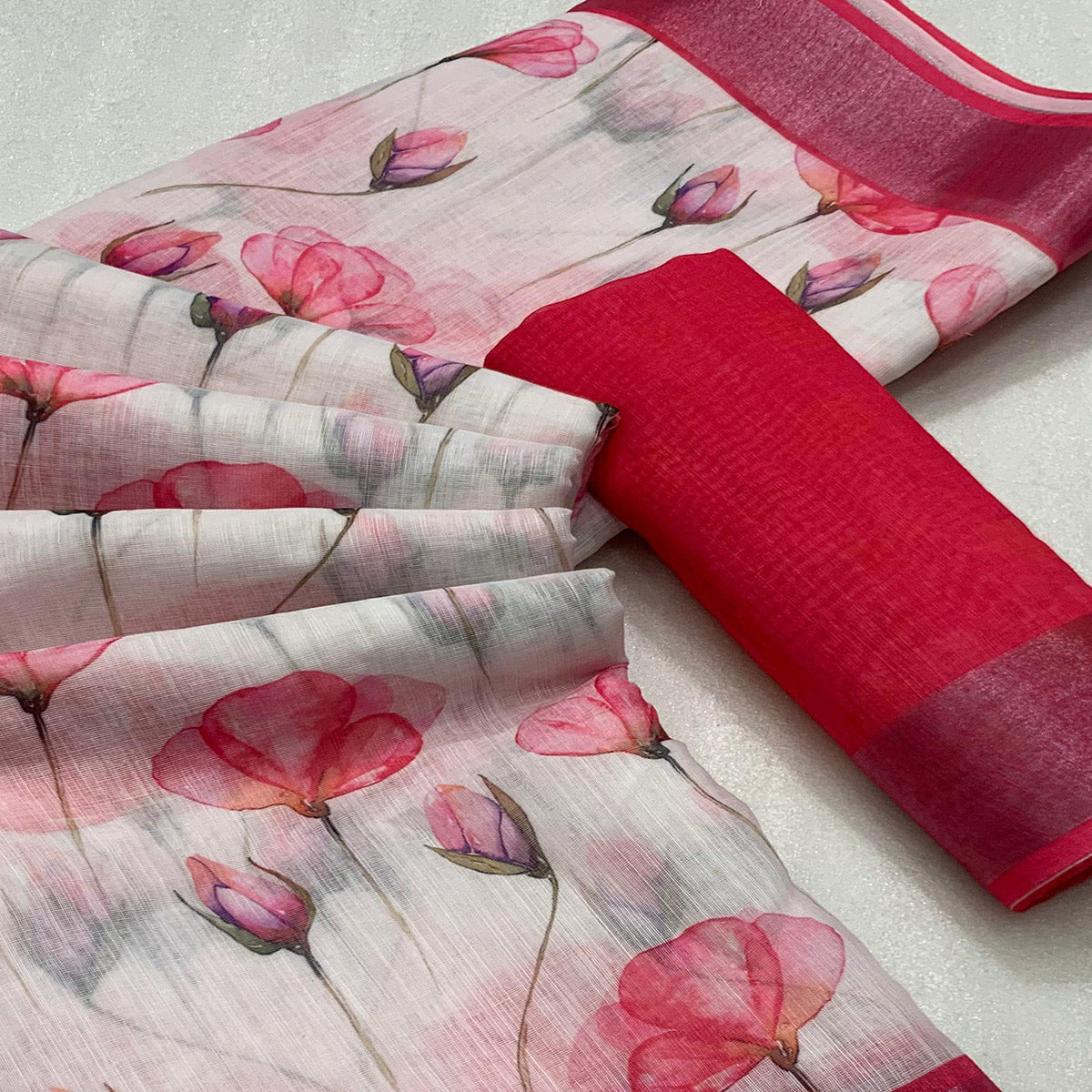 Pink Floral Digital Printed Linen Saree