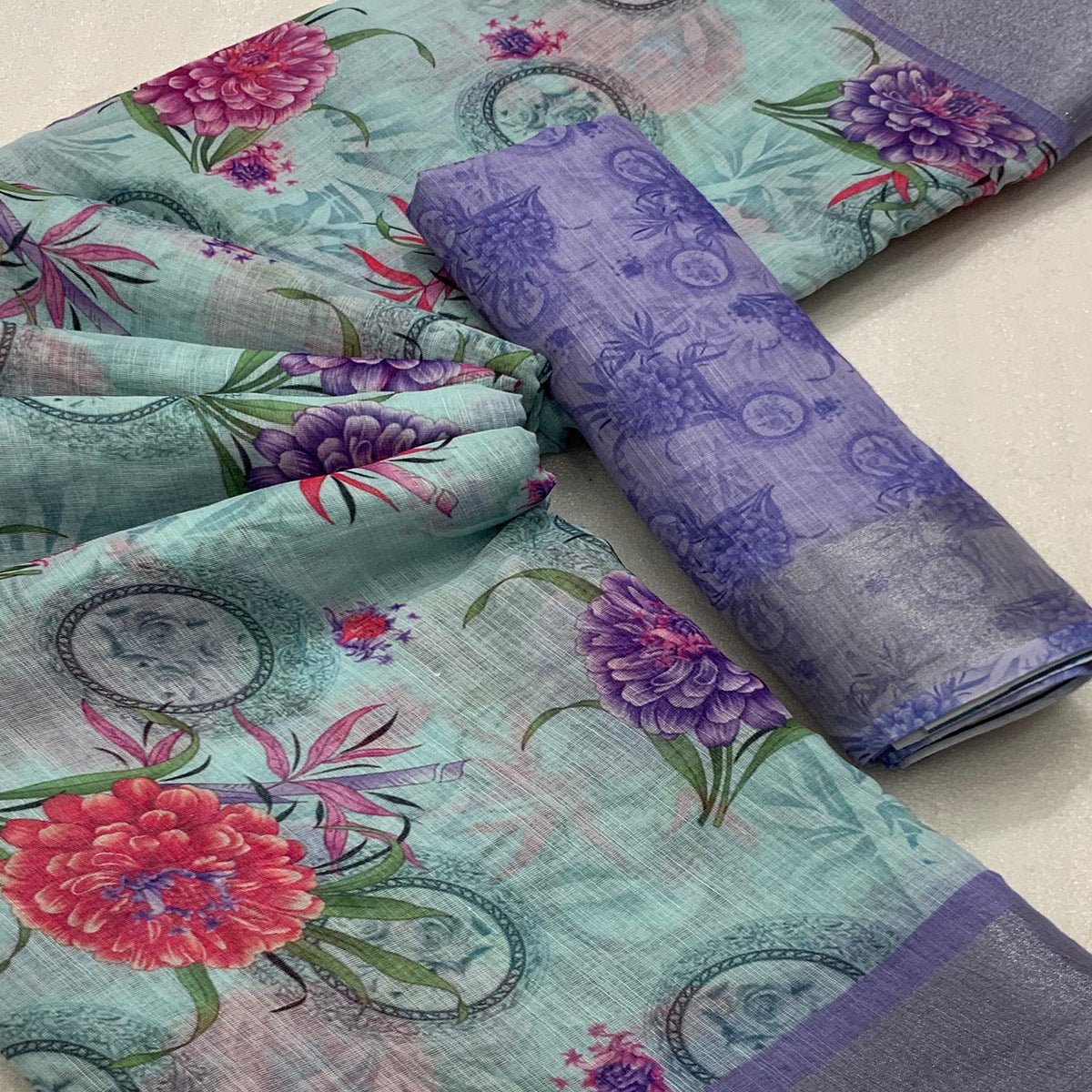 Pista Green & Lavender Floral Digital Printed Linen Saree