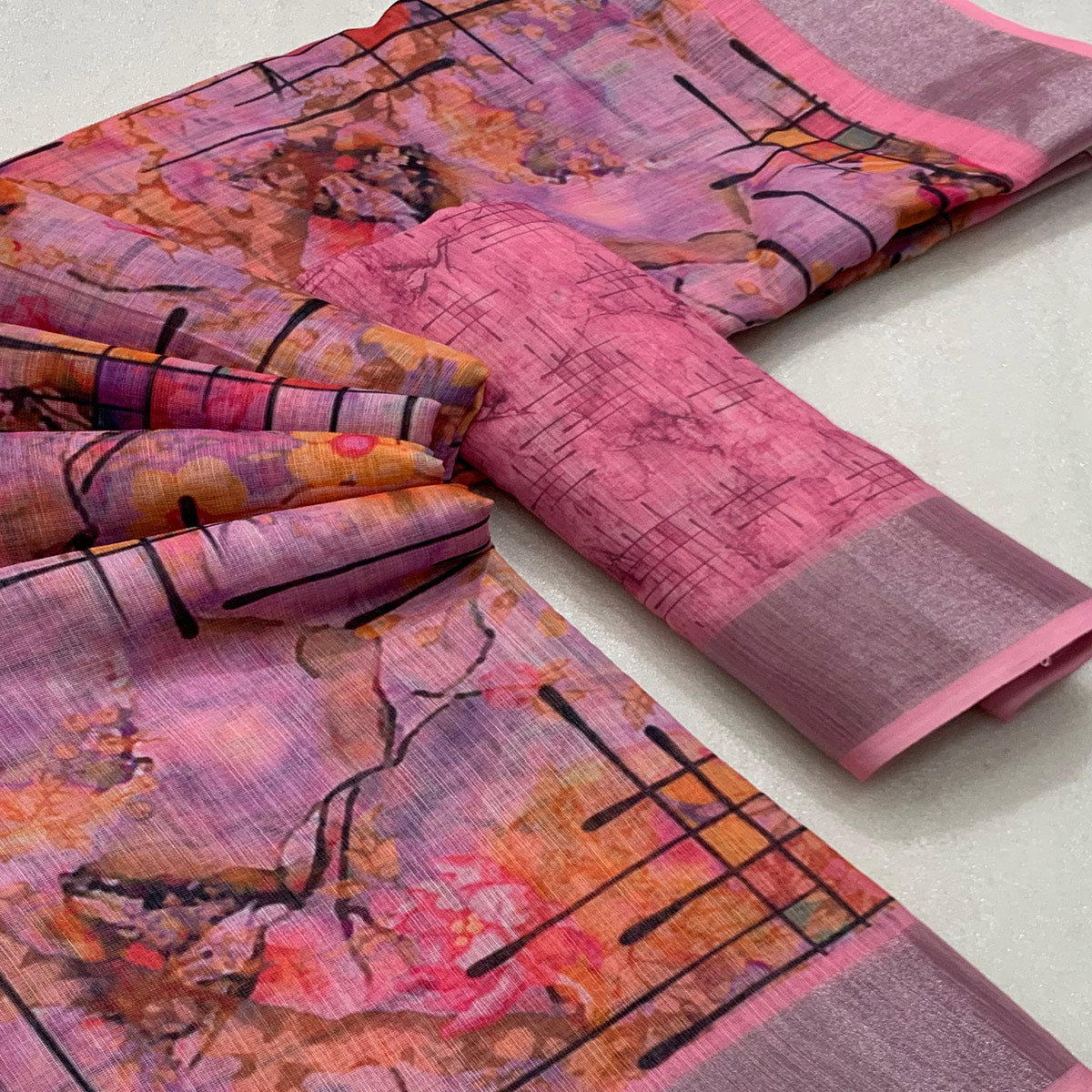 Pink & Purple Floral Digital Printed Linen Saree