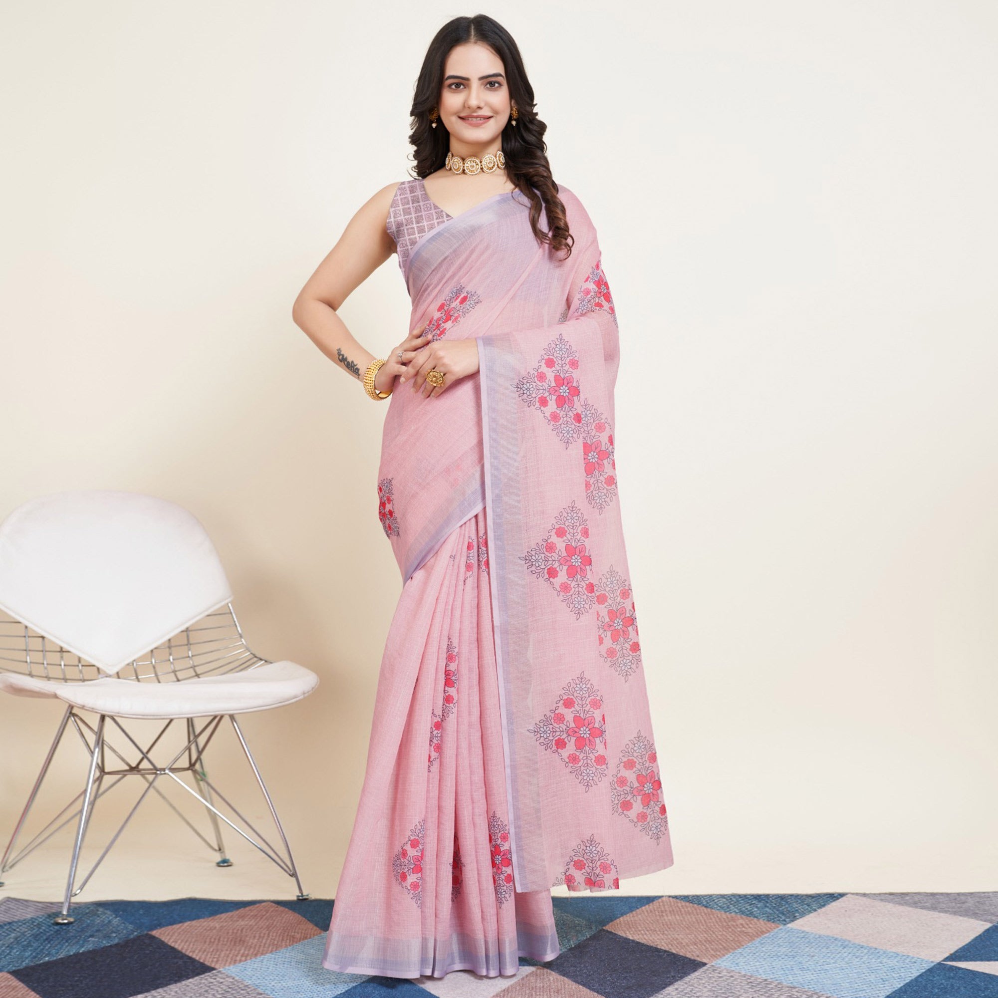 Light Peach Floral Printed Linen Saree