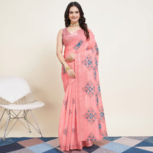 Peach Floral Printed Linen Saree